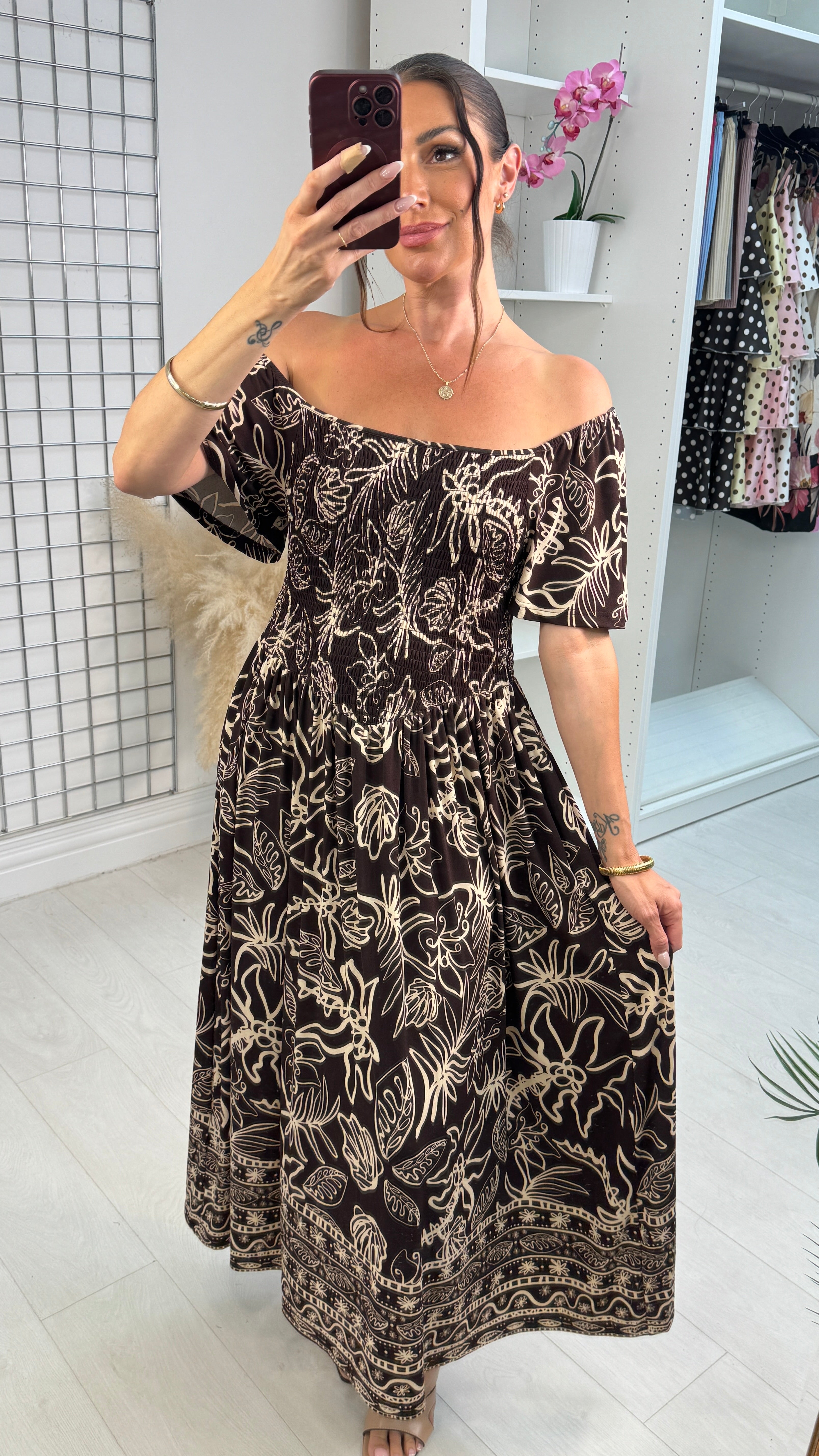 Tabatha Leaf Print Shirred Bust Magic Maxi Dress