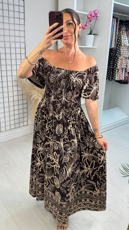 Tabatha Leaf Print Shirred Bust Magic Maxi Dress