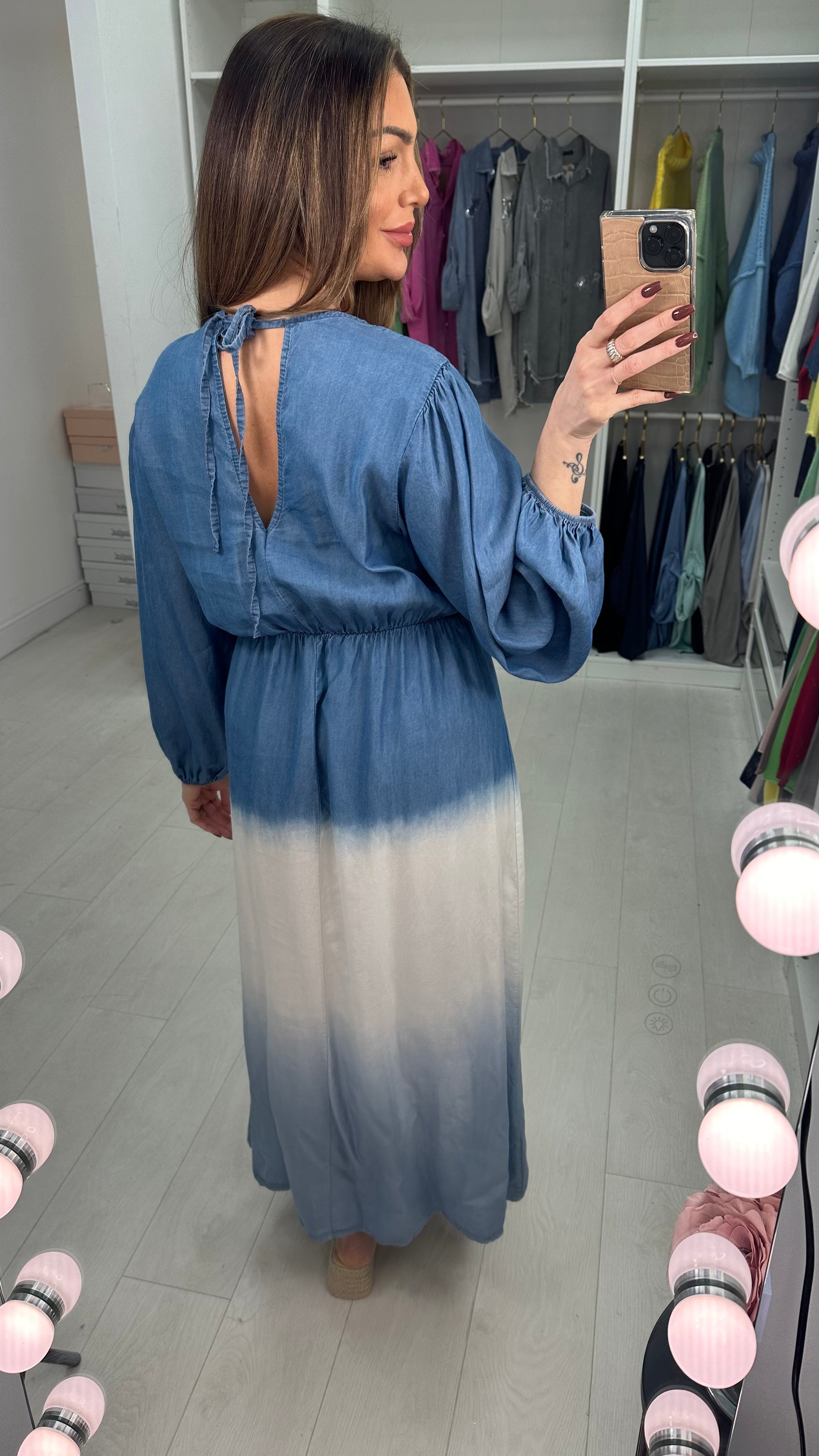 Julia Deep V Neck Denim Ombre Maxi Dress