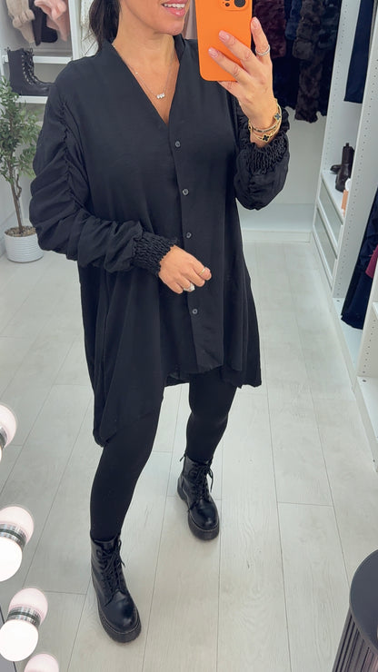 Cora Dipped Hem Ruched Sleeve Shirt