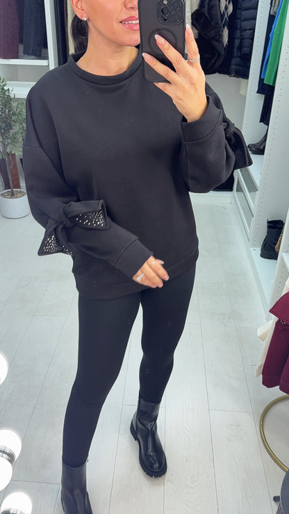Aimea Plain Embellished Bow Sleeve Sweatshirt