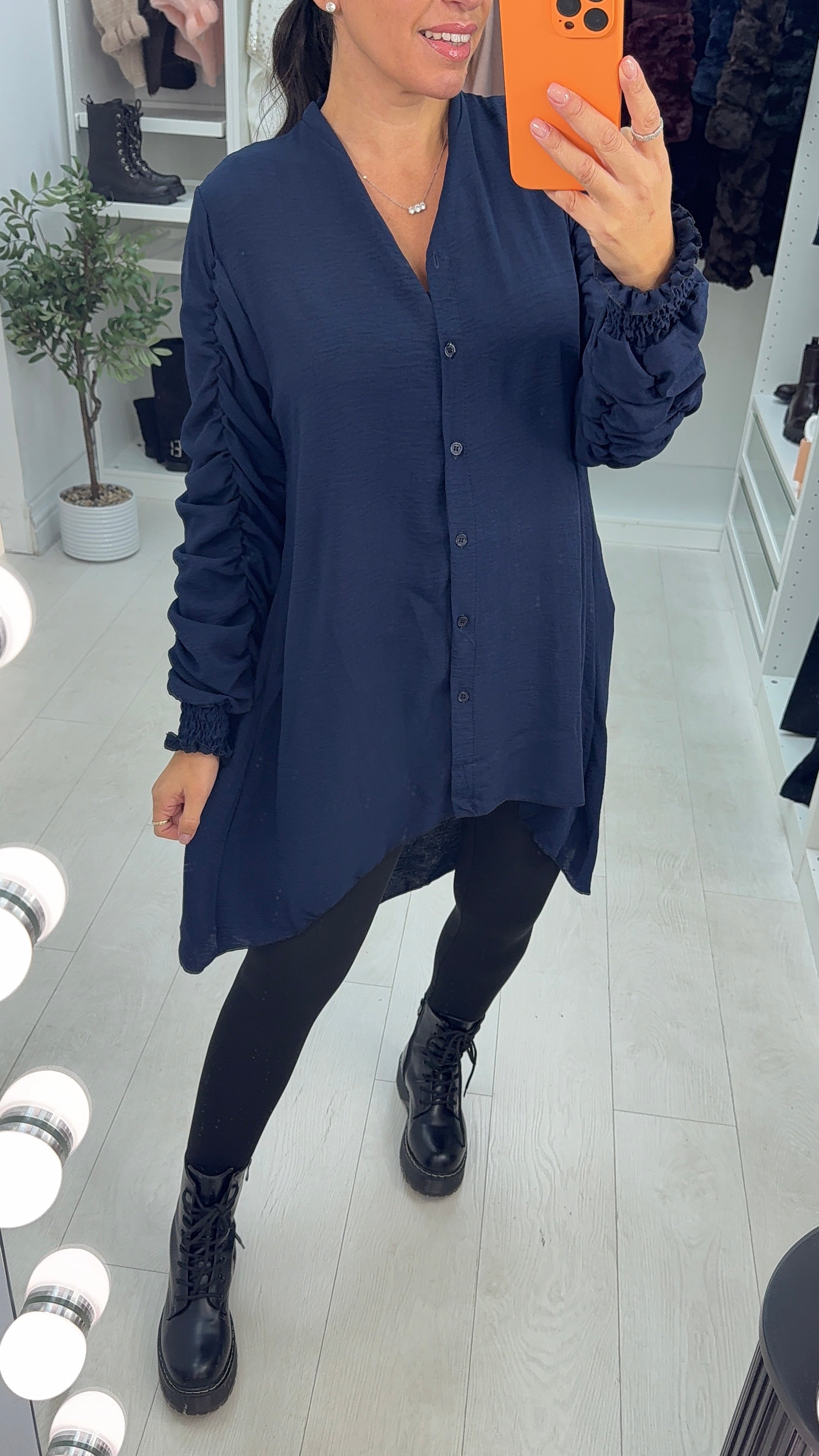 Cora Dipped Hem Ruched Sleeve Shirt