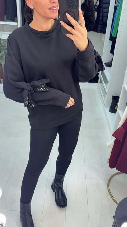 Aimea Plain Embellished Bow Sleeve Sweatshirt