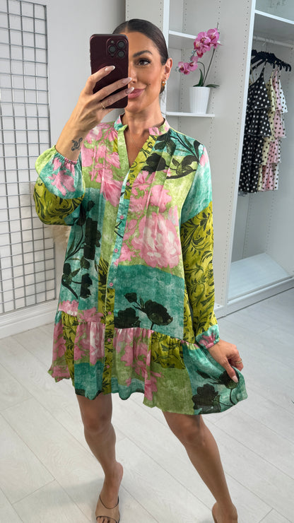 Sirena Floral Print Button Front Smock Dress