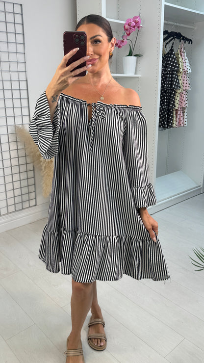 Nerine Striped Loose Fit Bardot Dress