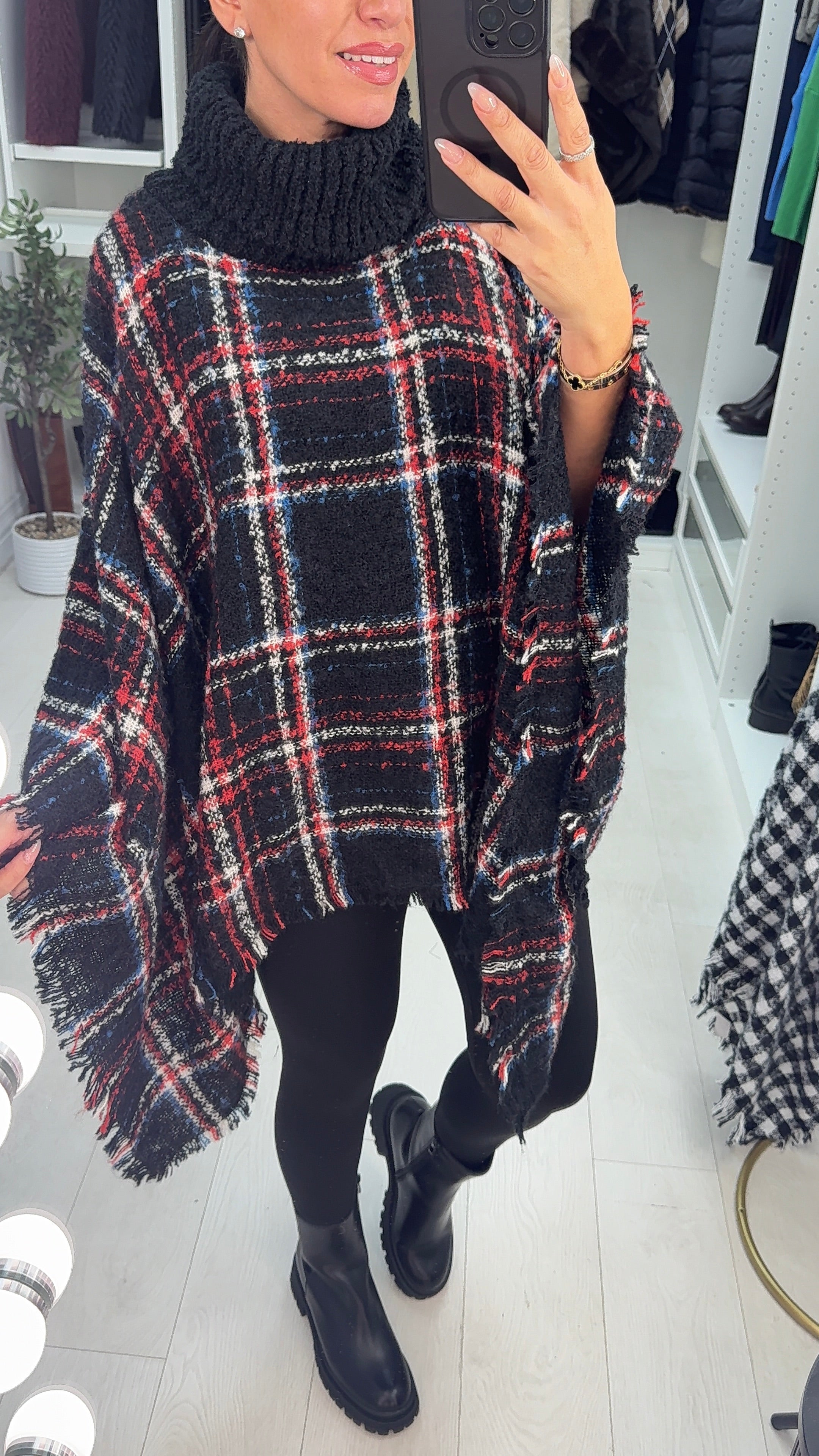 Reigne Checkered Print Roll Neck Poncho