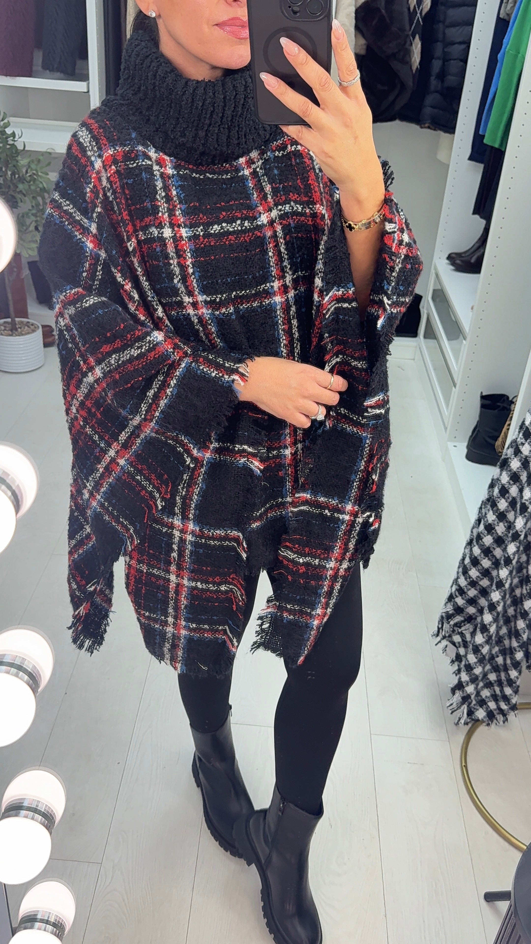 Reigne Checkered Print Roll Neck Poncho