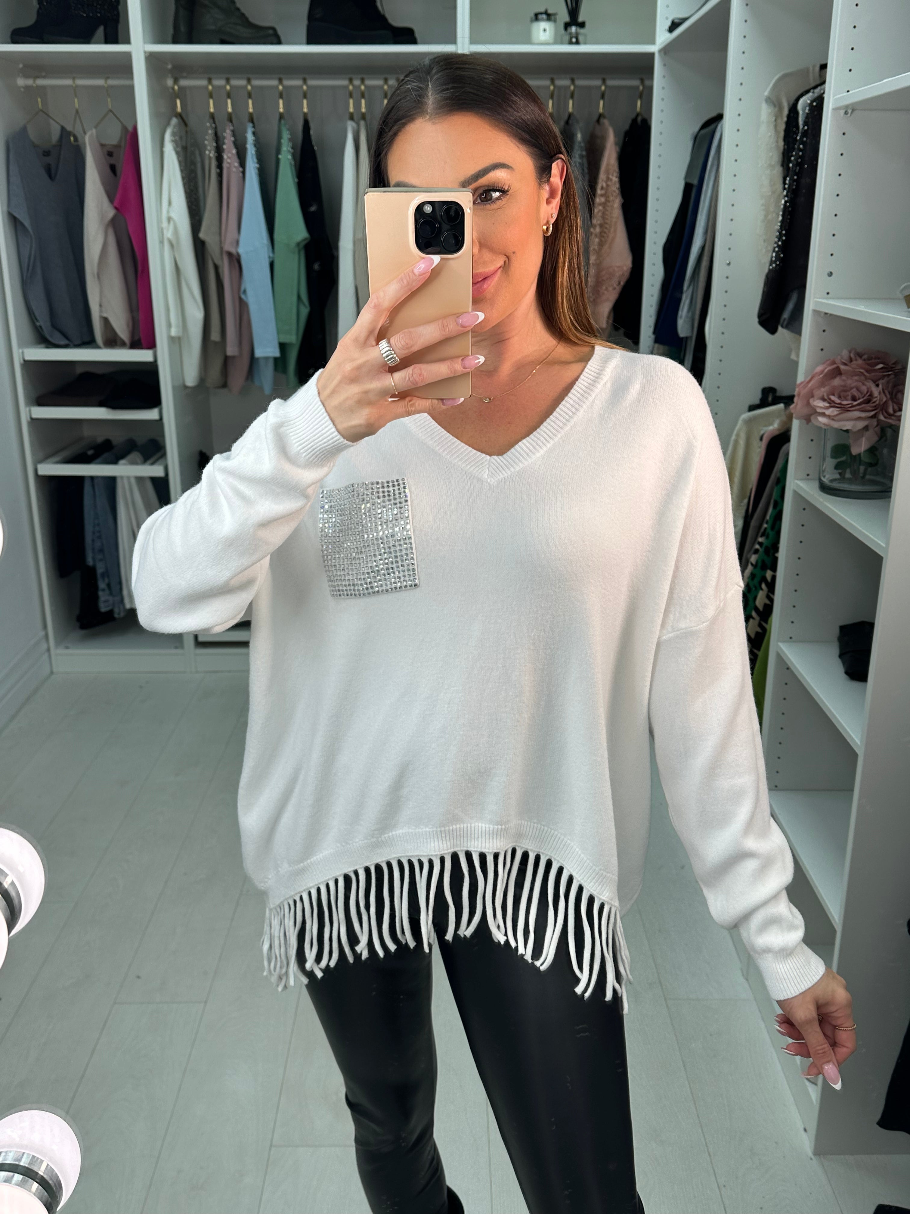 Jenny Diamante Pocket Tassel Hem Knit Jumper