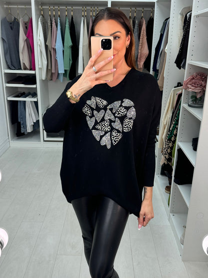 Carys Heart Silver Diamante & Gem V-Neck Jumper