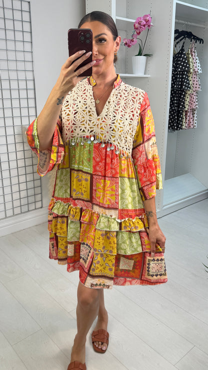 Sorrell Paisley Print Crochet Detail Smock Dress
