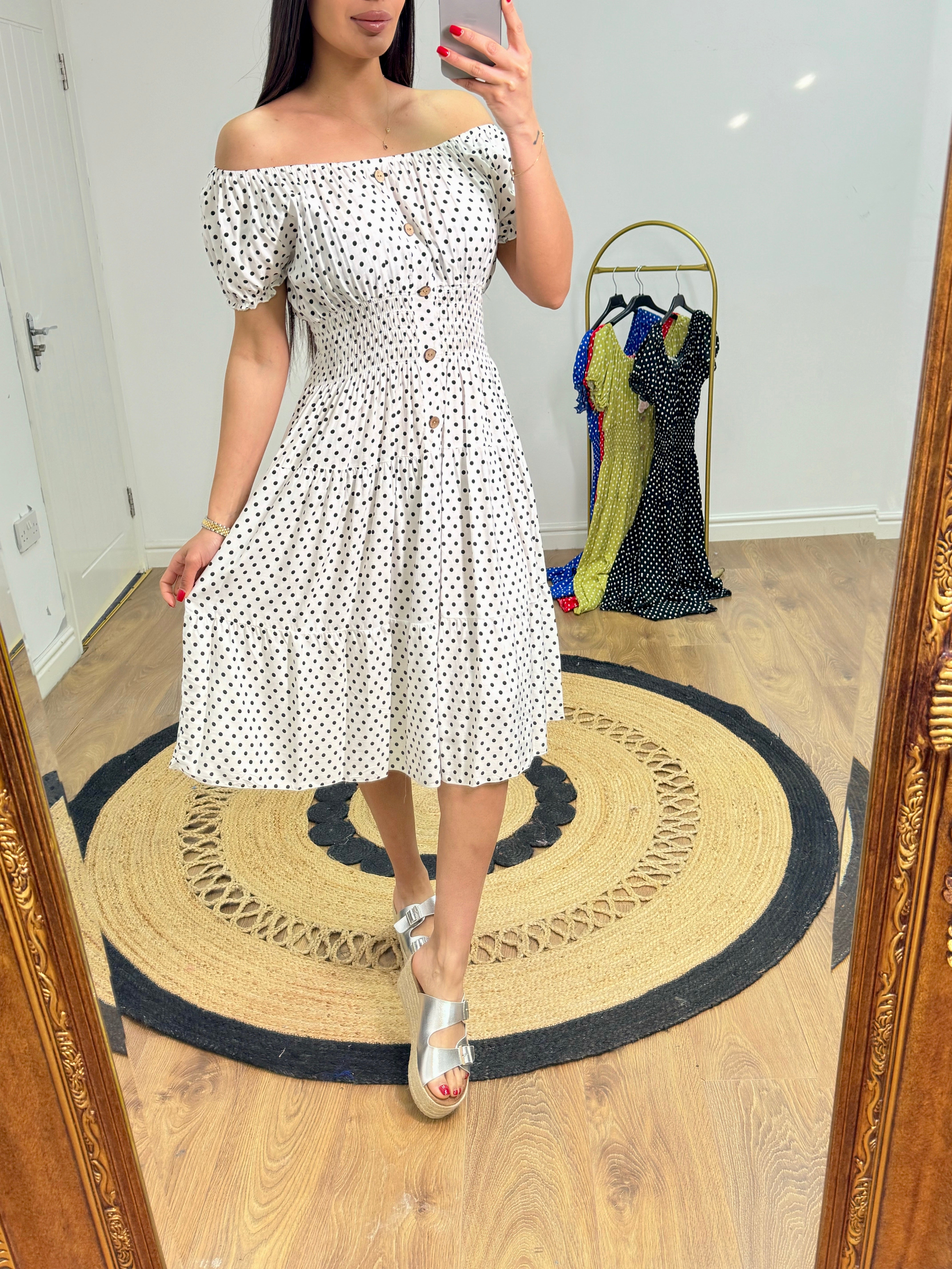 Izlem Polka Dot Print Button Detail Midi Dress