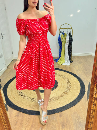 Izlem Polka Dot Print Button Detail Midi Dress