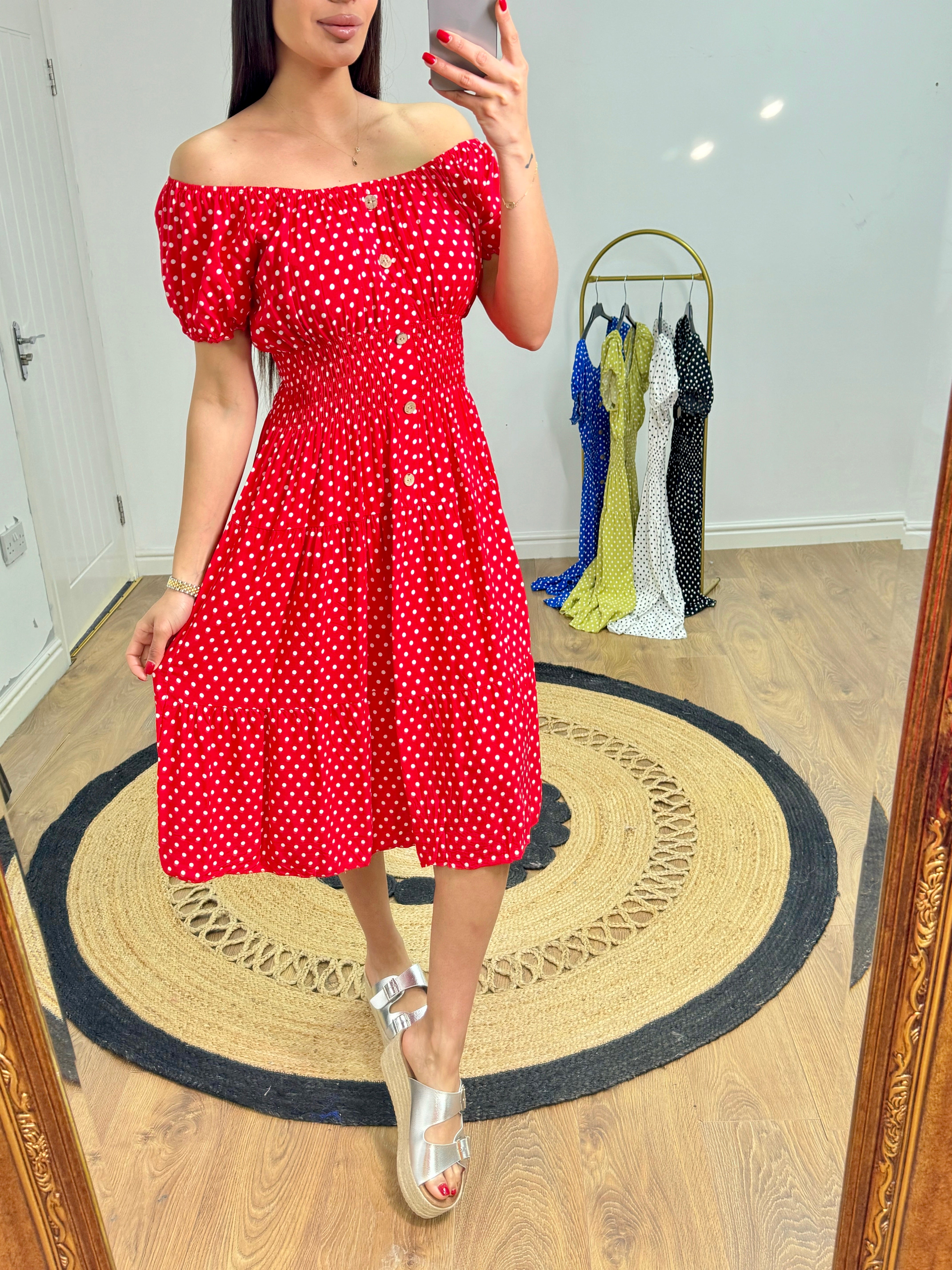 Izlem Polka Dot Print Button Detail Midi Dress