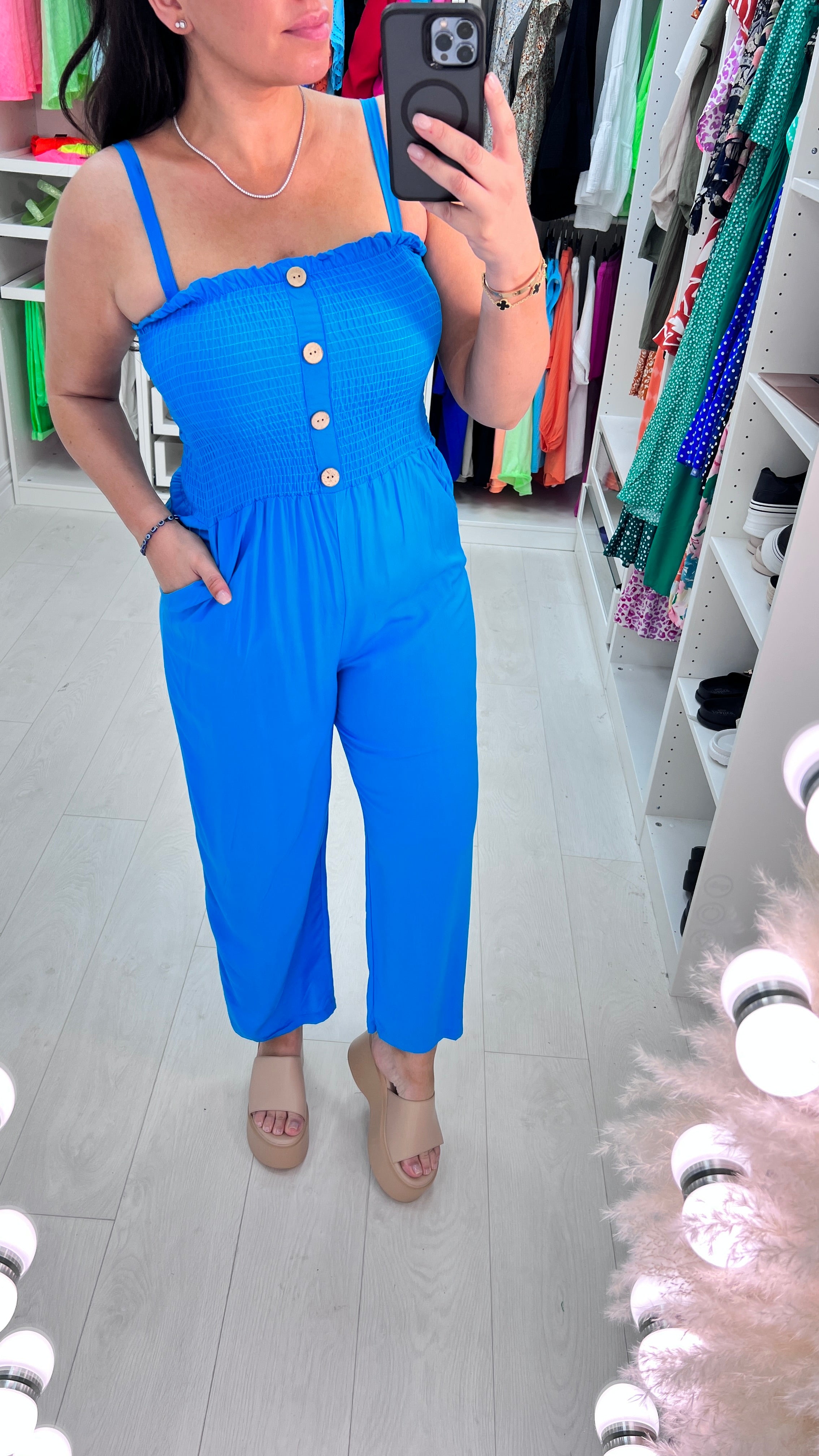 Rodi Elasticated Bust Button Detail Plain Jumpsuit