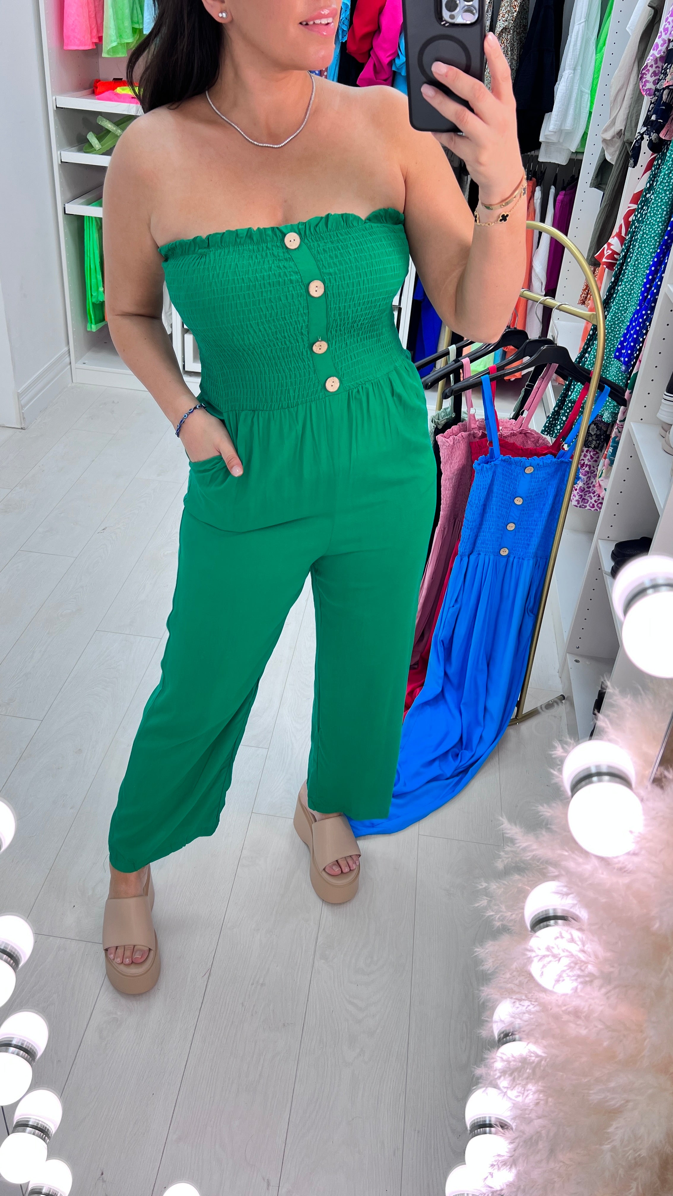 Rodi Elasticated Bust Button Detail Plain Jumpsuit