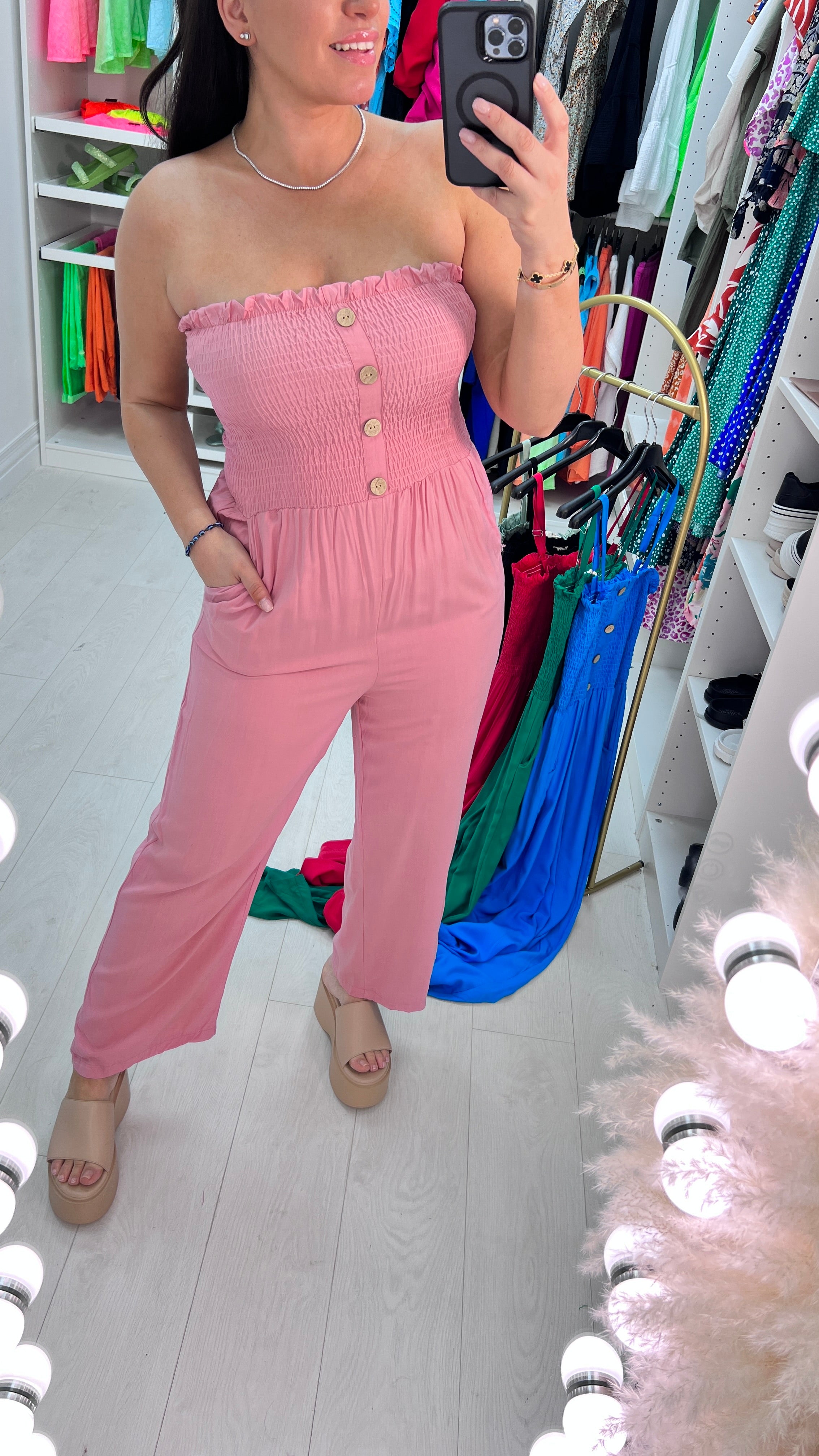 Rodi Elasticated Bust Button Detail Plain Jumpsuit