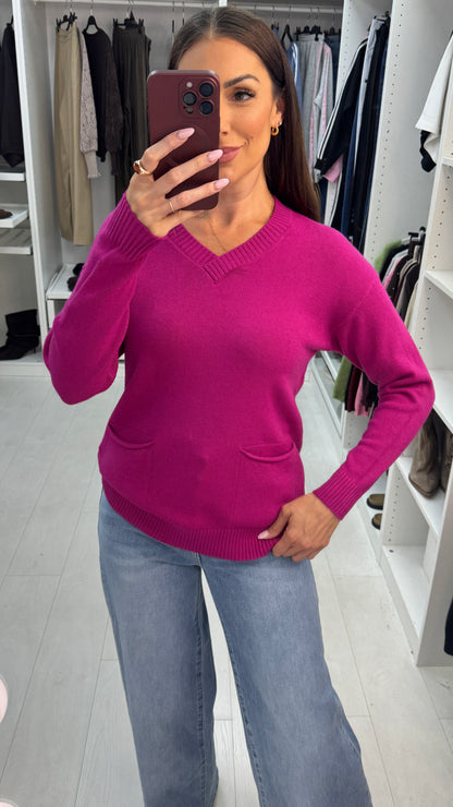 Saffy Plain Pocket Front V Neck Jumper