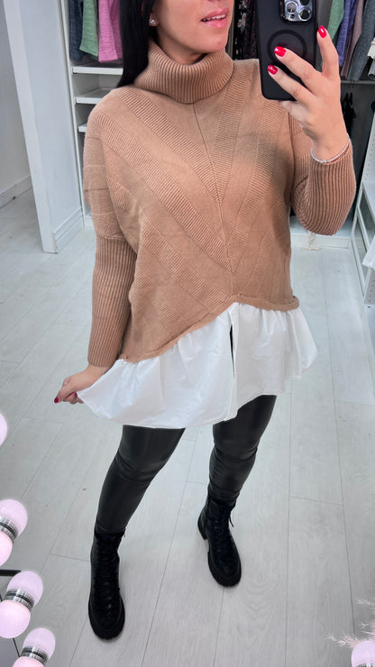 Kennedy Oversized Ribbed V-panel Roll Neck Shirt Jumper