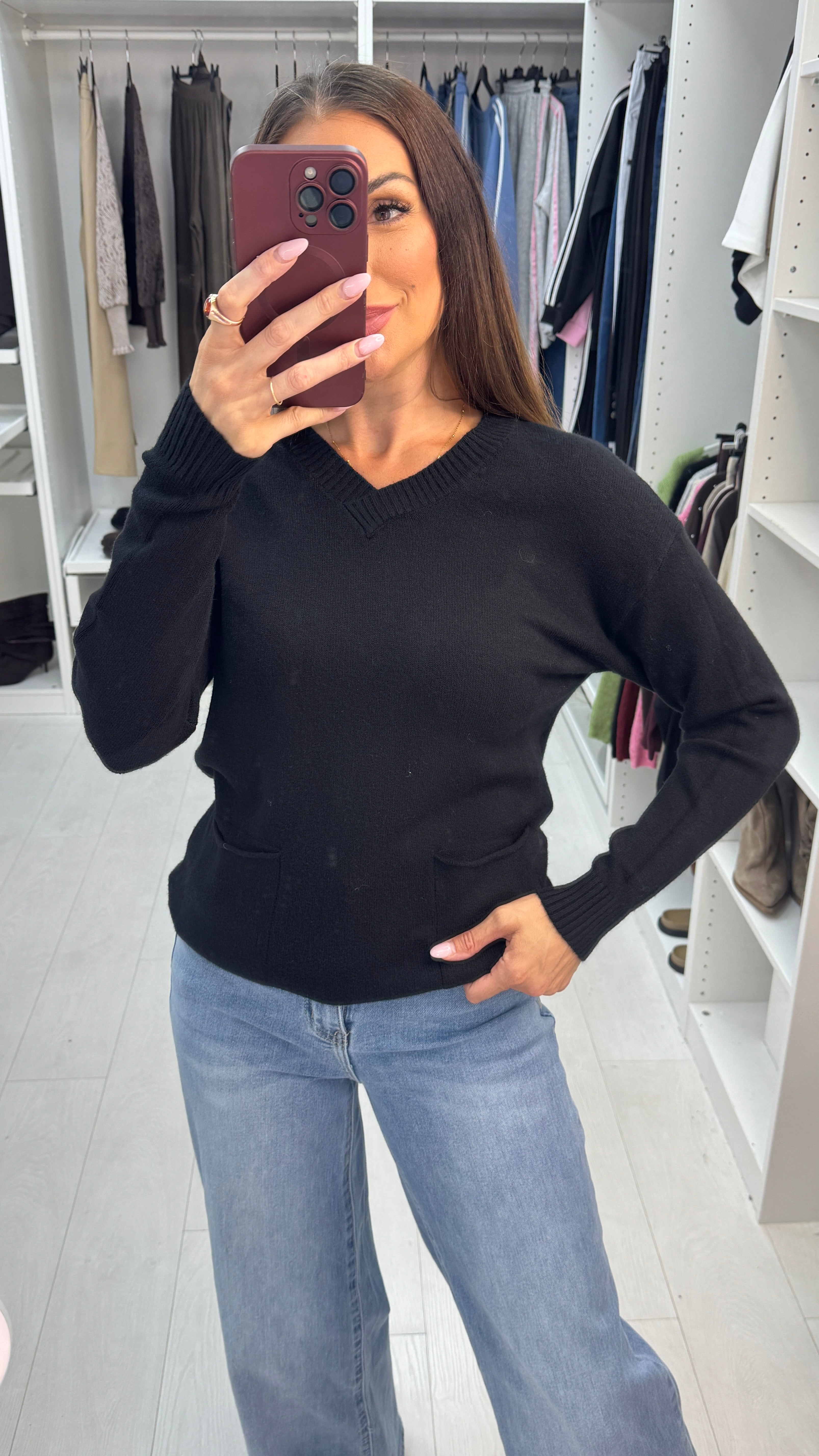 Saffy Plain Pocket Front V Neck Jumper