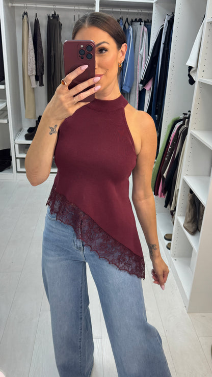 Daryna High Neck Lace Trim Asymmetric Top