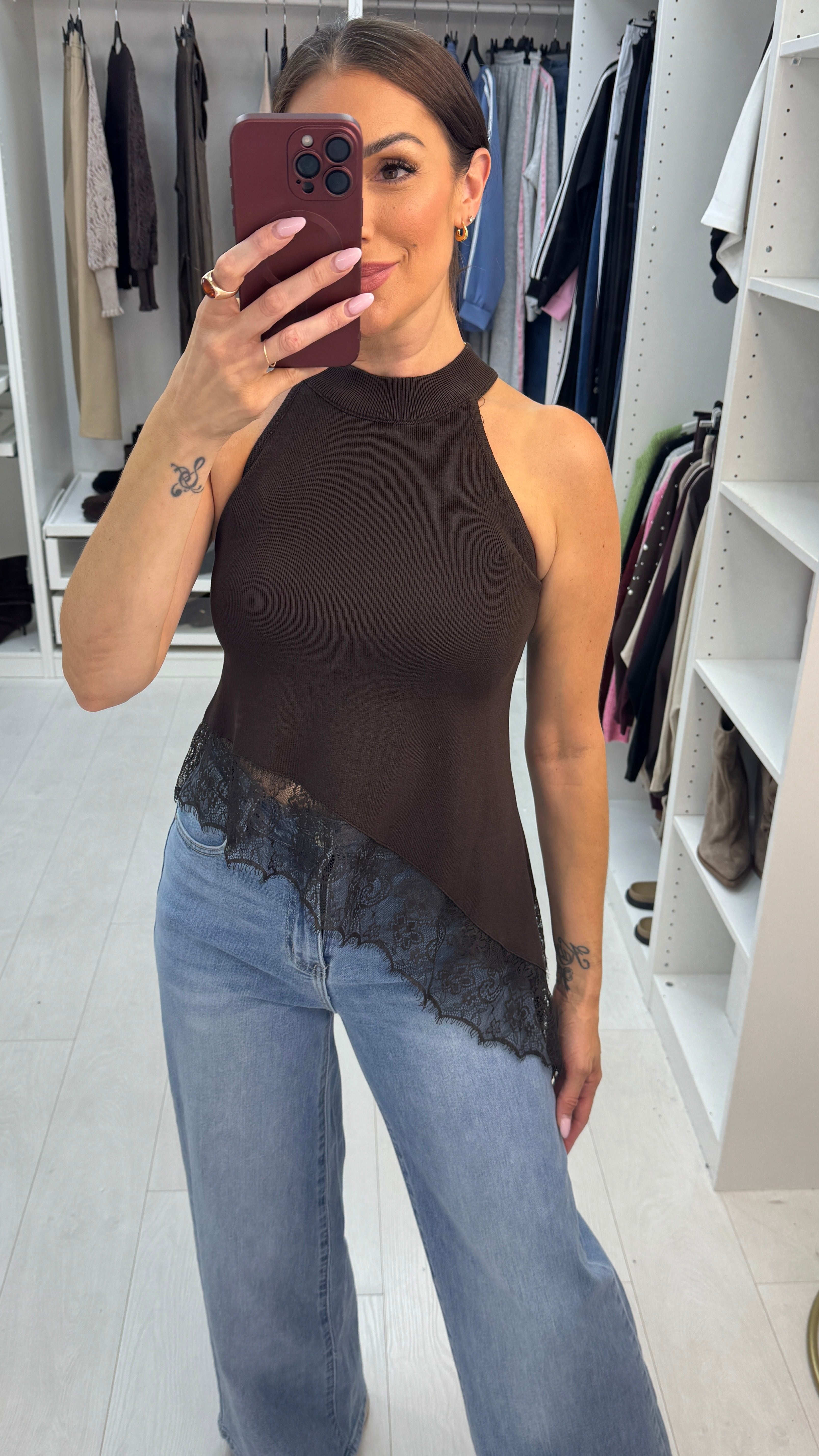 Daryna High Neck Lace Trim Asymmetric Top