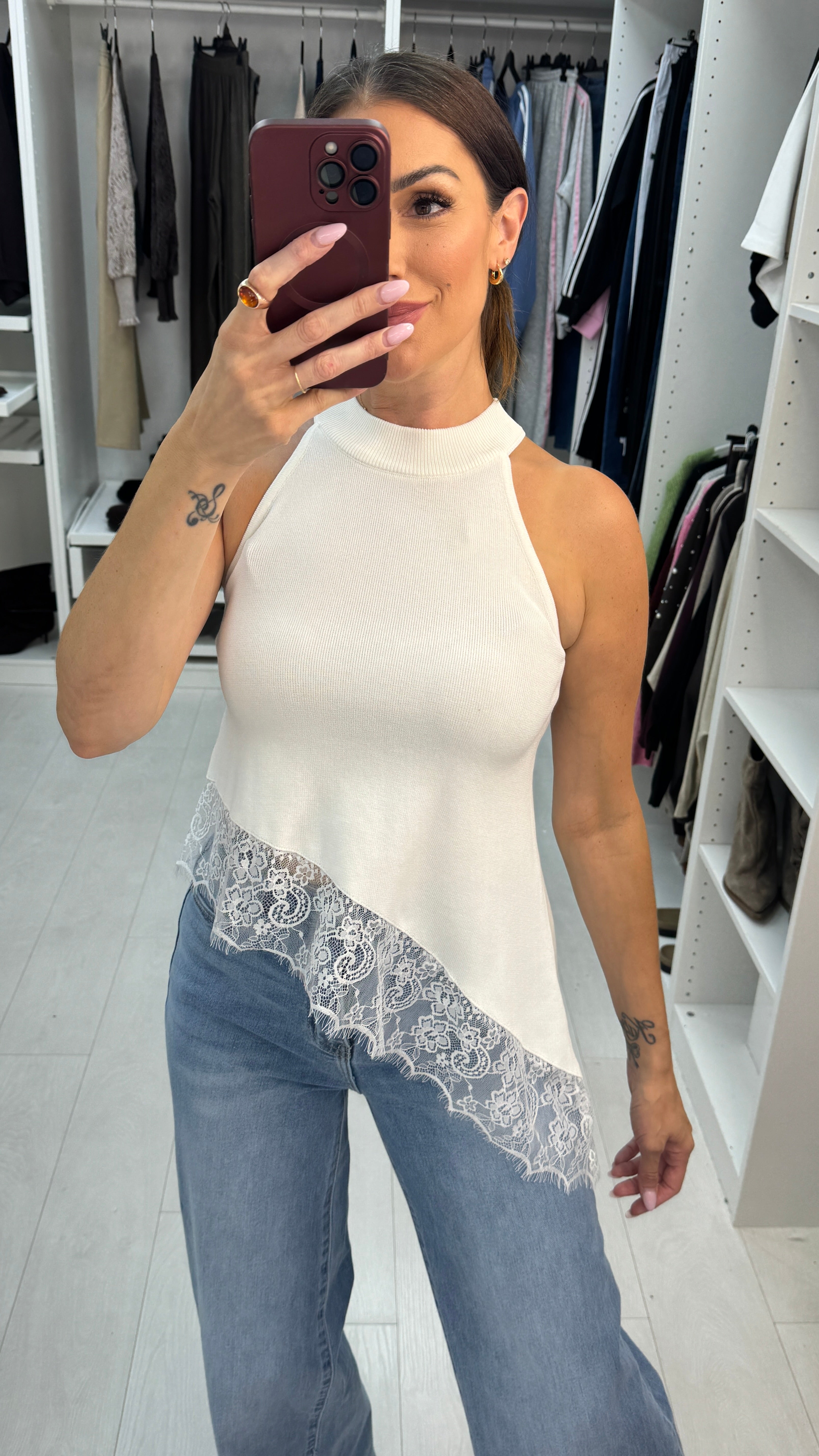 Daryna High Neck Lace Trim Asymmetric Top