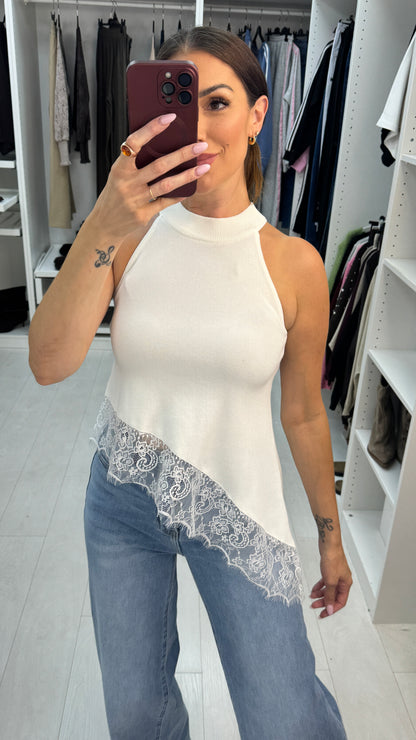 Daryna High Neck Lace Trim Asymmetric Top