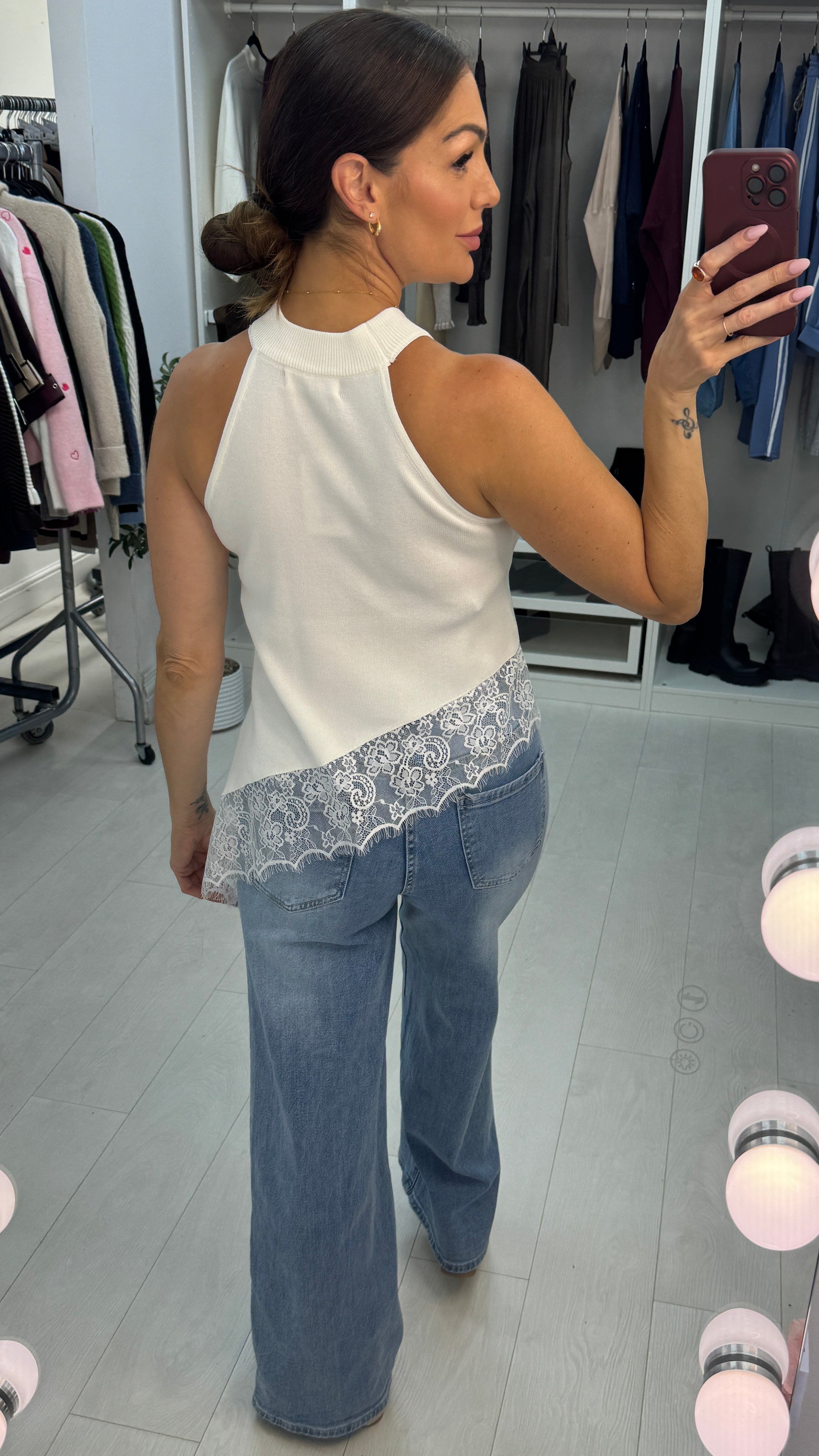 Daryna High Neck Lace Trim Asymmetric Top