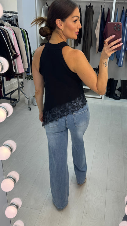 Daryna High Neck Lace Trim Asymmetric Top