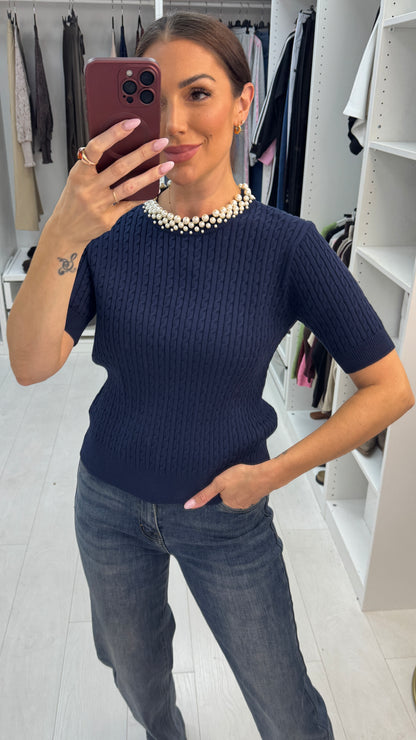 Safiya Pearl Embellished Cable Knit Jumper