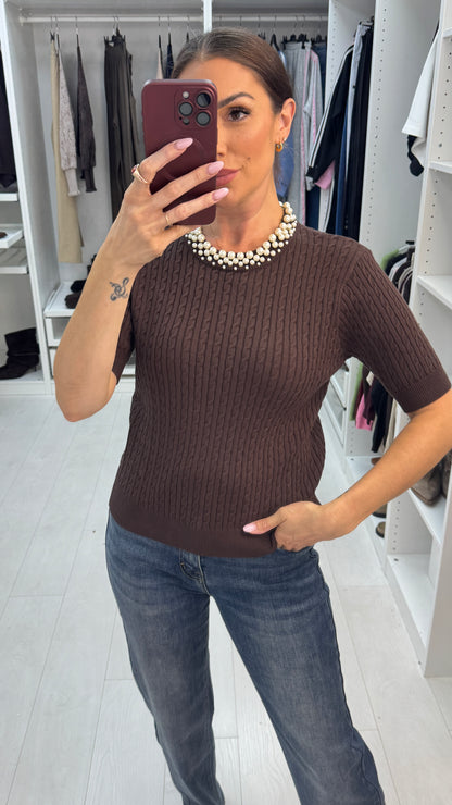 Safiya Pearl Embellished Cable Knit Jumper