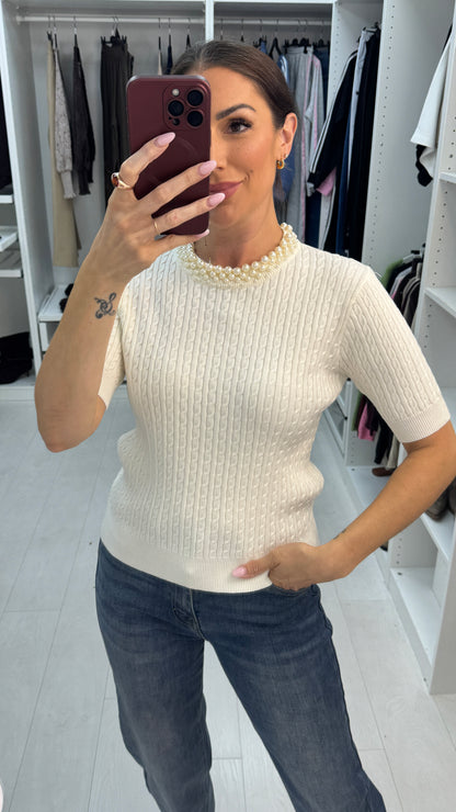Safiya Pearl Embellished Cable Knit Jumper