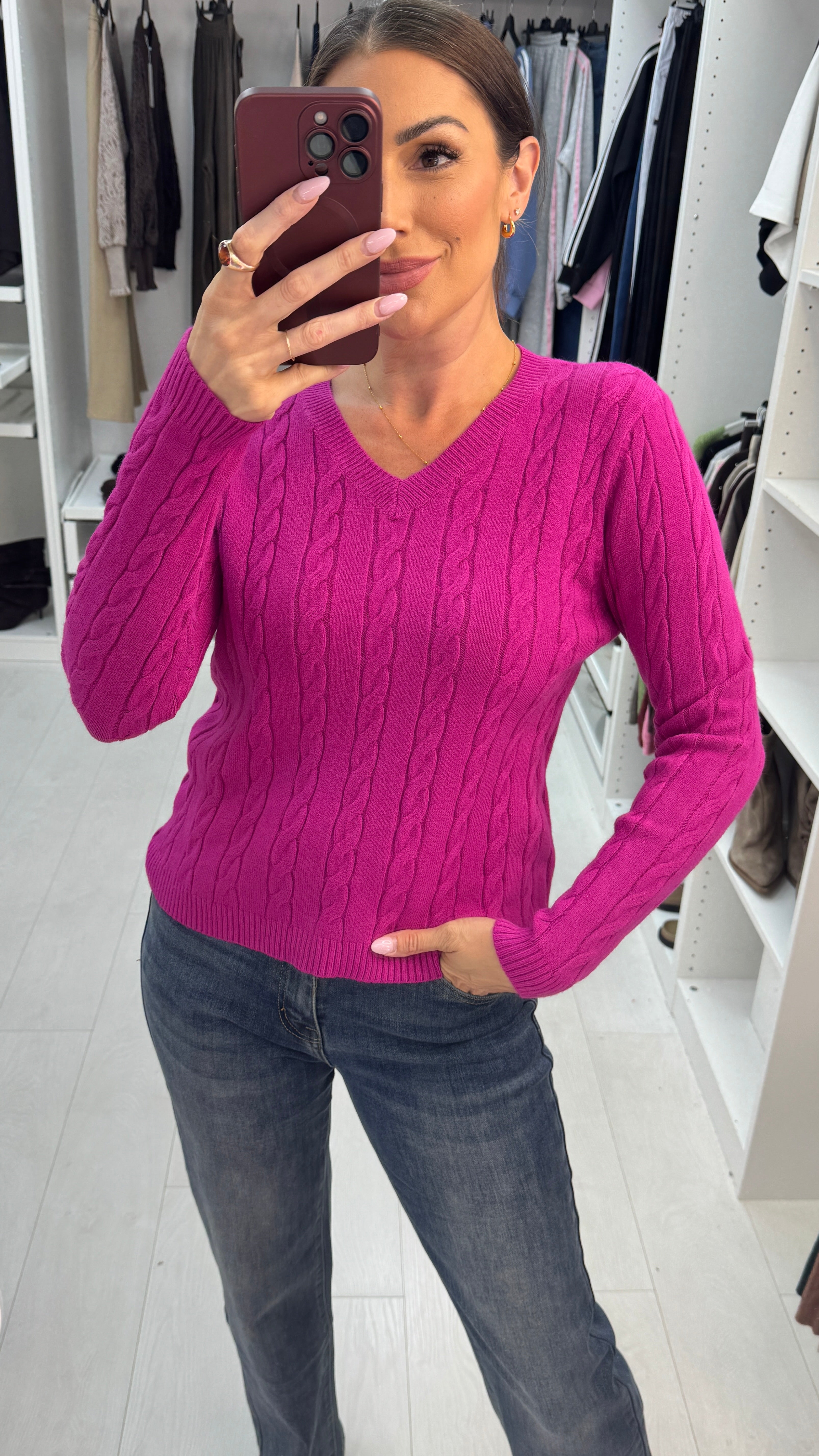 Emberlin Plain V Neck Cable Knit Jumper