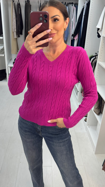 Emberlin Plain V Neck Cable Knit Jumper