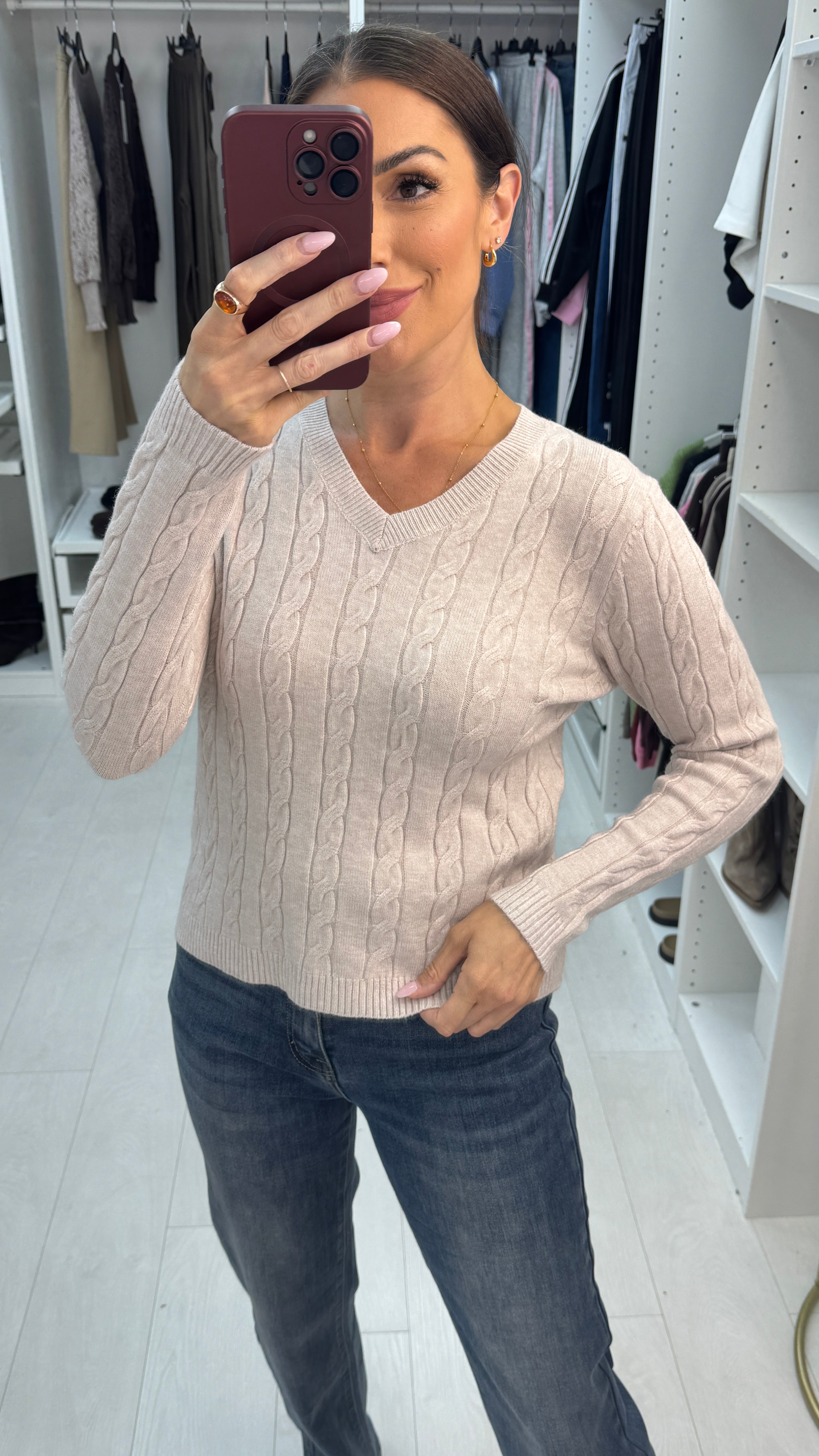 Emberlin Plain V Neck Cable Knit Jumper