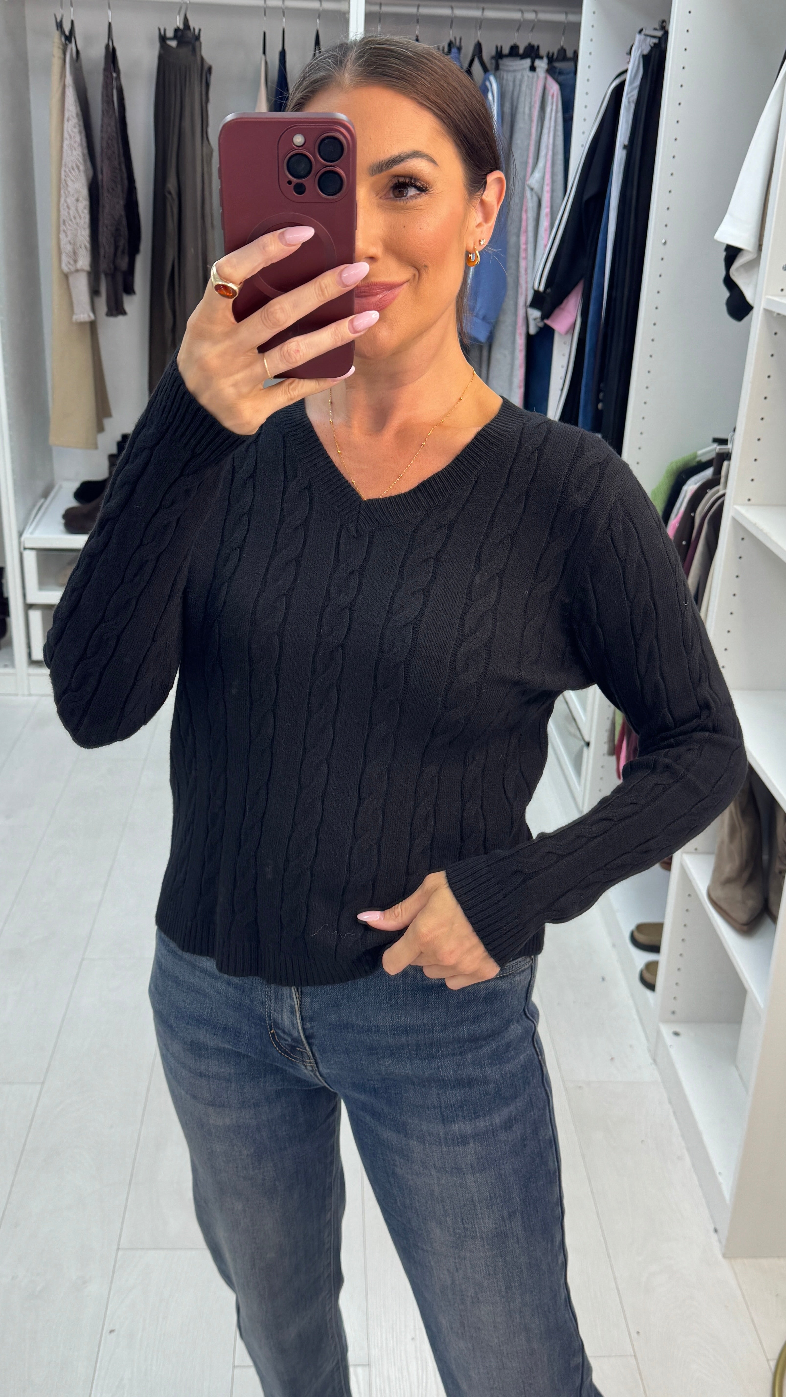Emberlin Plain V Neck Cable Knit Jumper