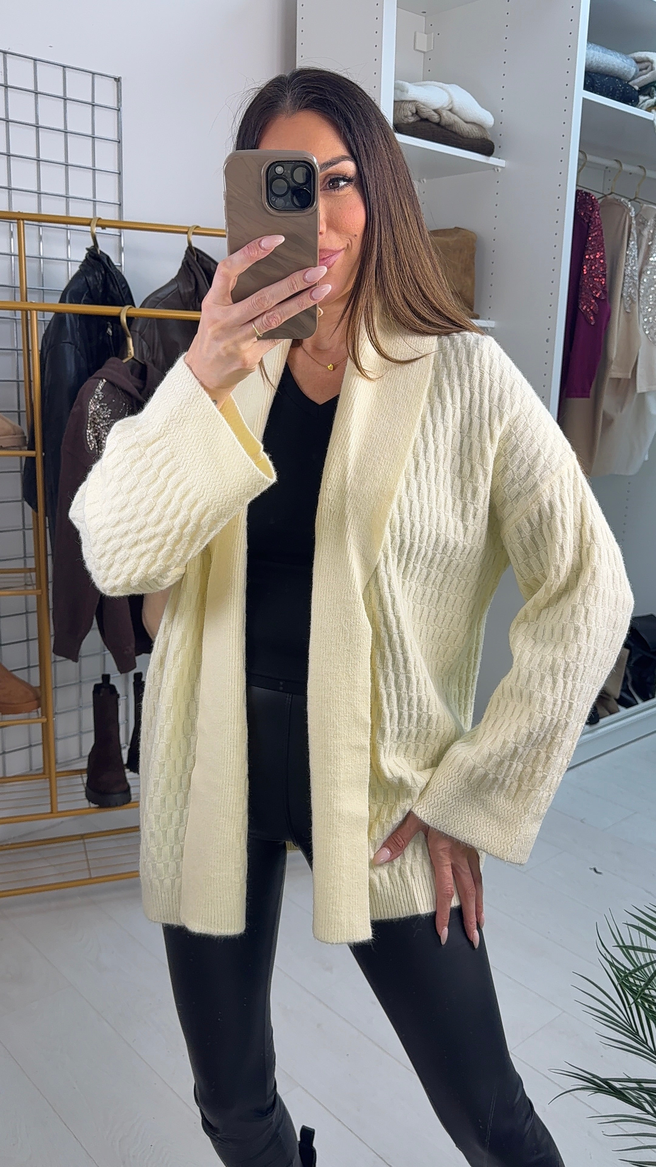 Melissa Shawl Collar Open Front Textured Cardigan