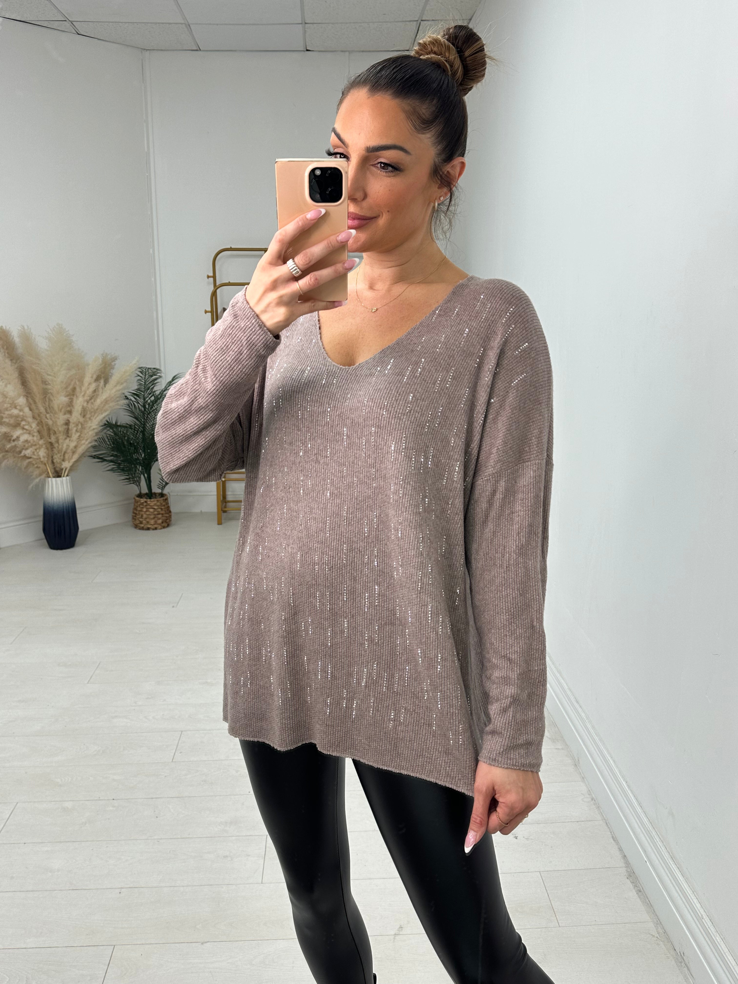 Farida Diamante Sparkle V-Neck Super Soft Top