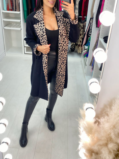 Mya Black/Camel Cheetah Trim Pocket Cardigan