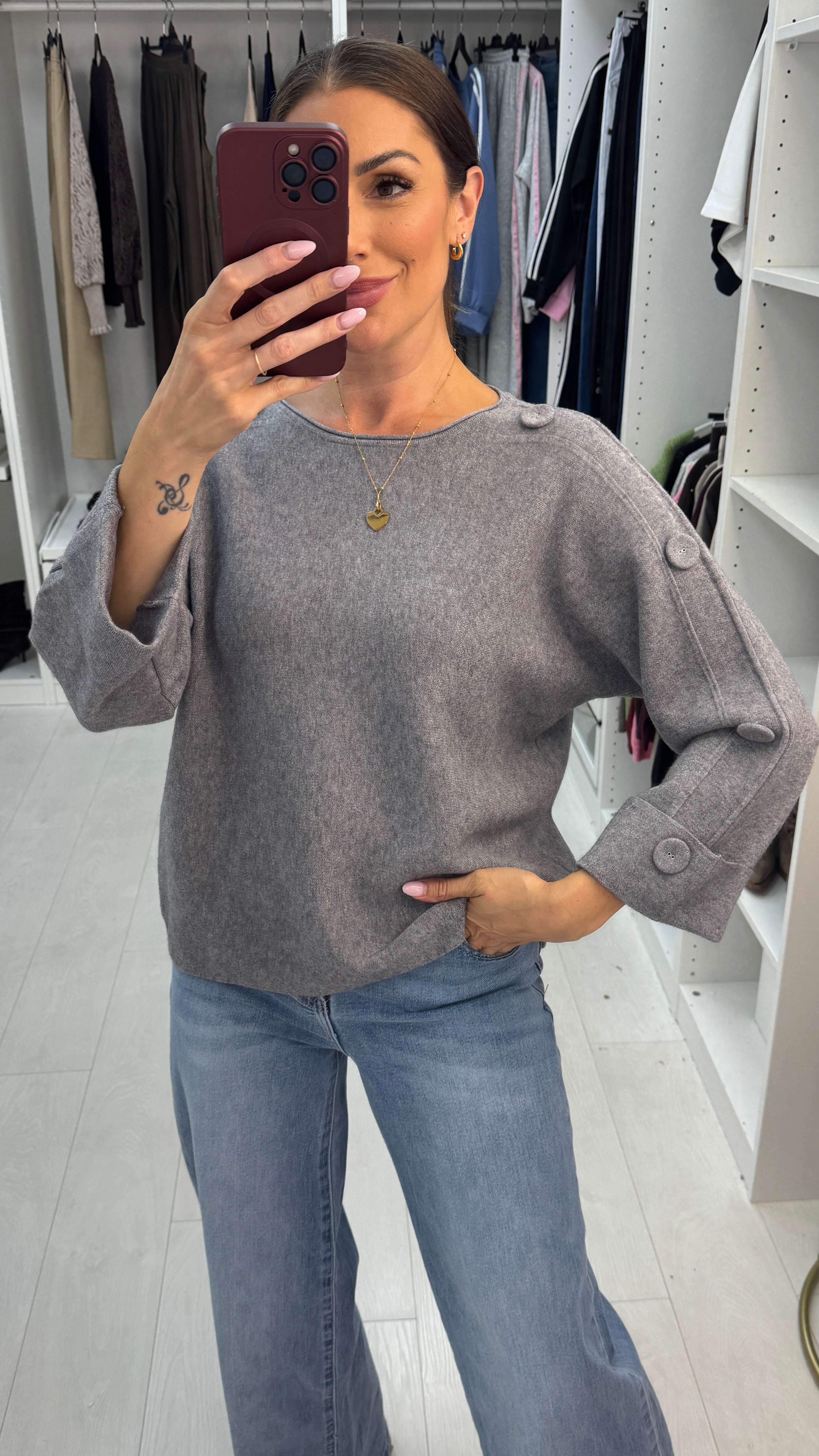 Alinna Plain Button Detailed Loose Fit Jumper