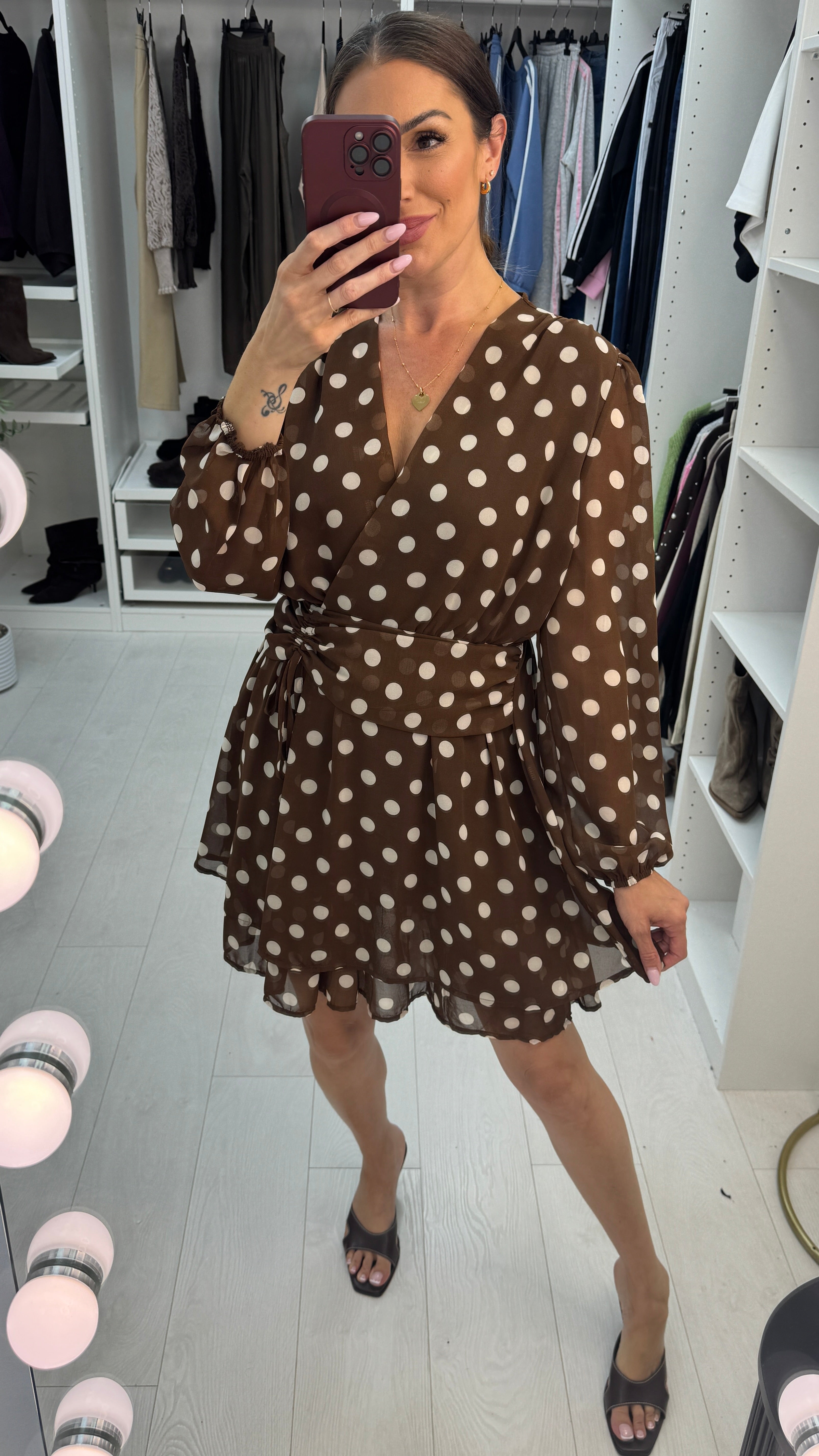 Elona Polka Dot V Neck Midi Dress