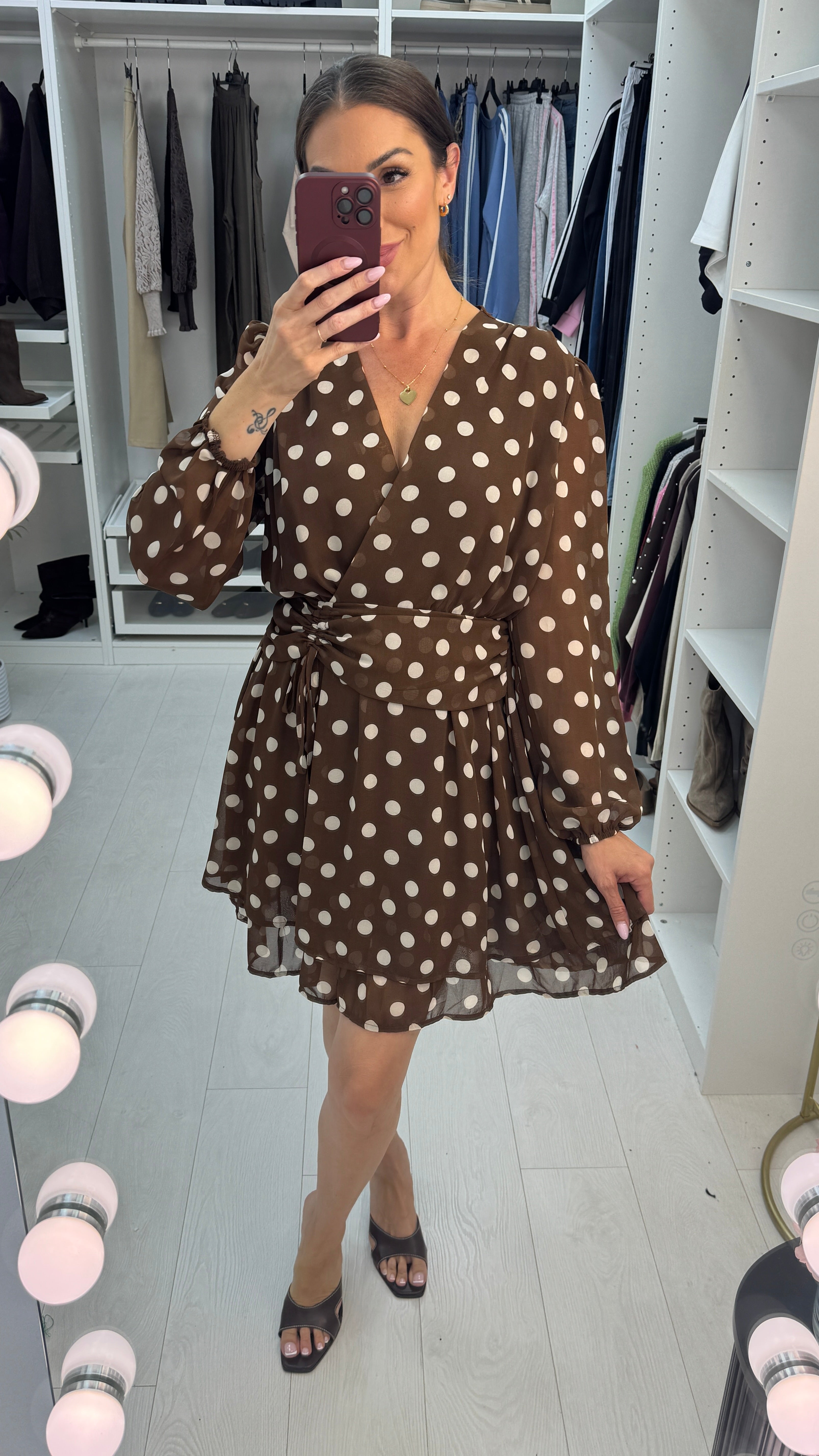Elona Polka Dot V Neck Midi Dress