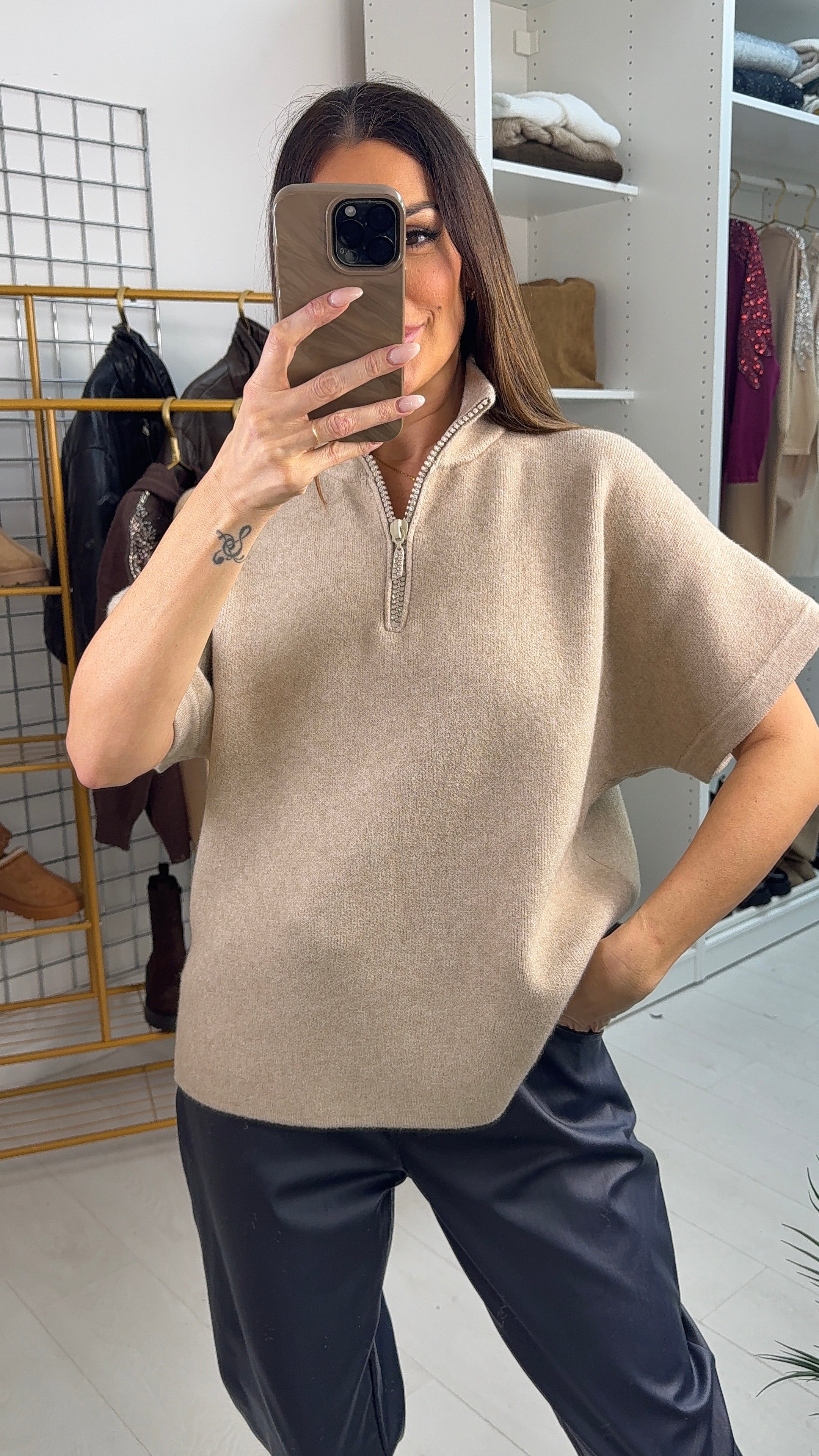 Shelia Plain Diamante Zip Front Jumper