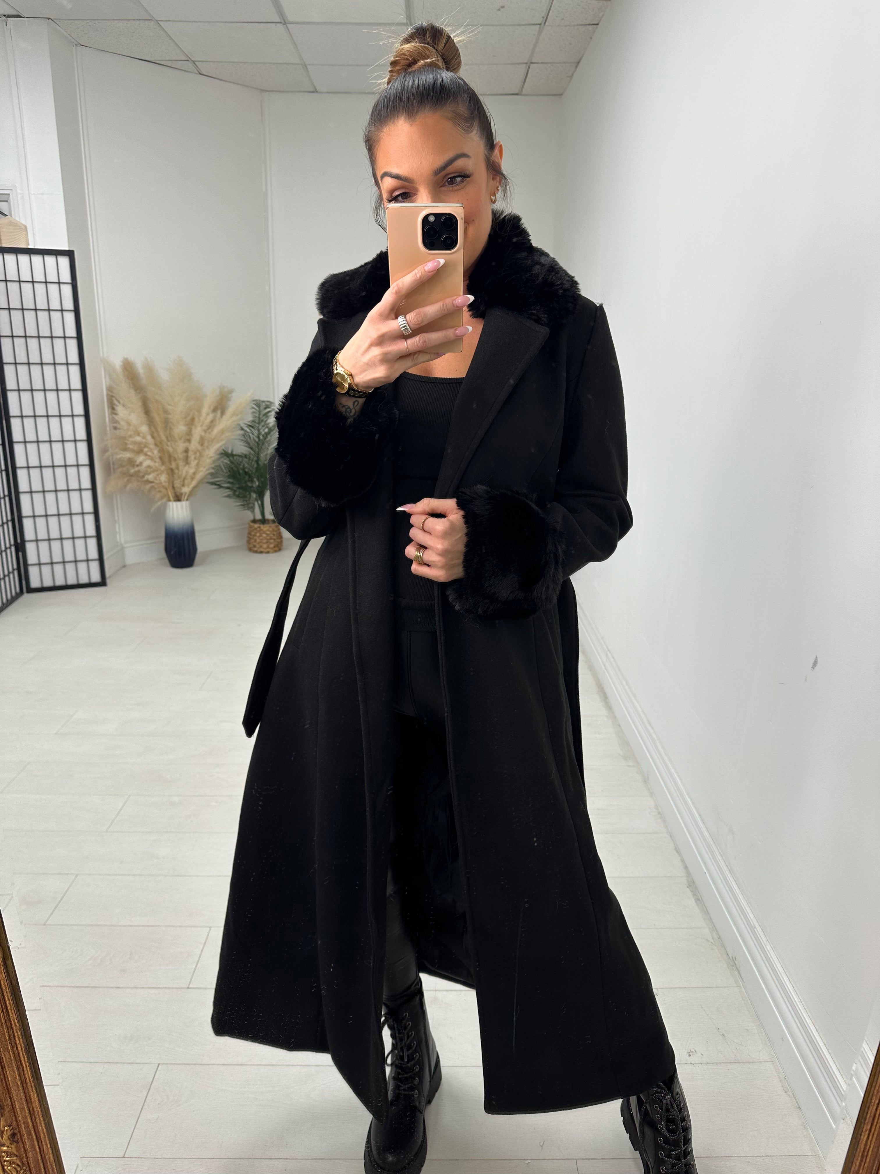 Jenett Faux Fur Collar Longline Jacket