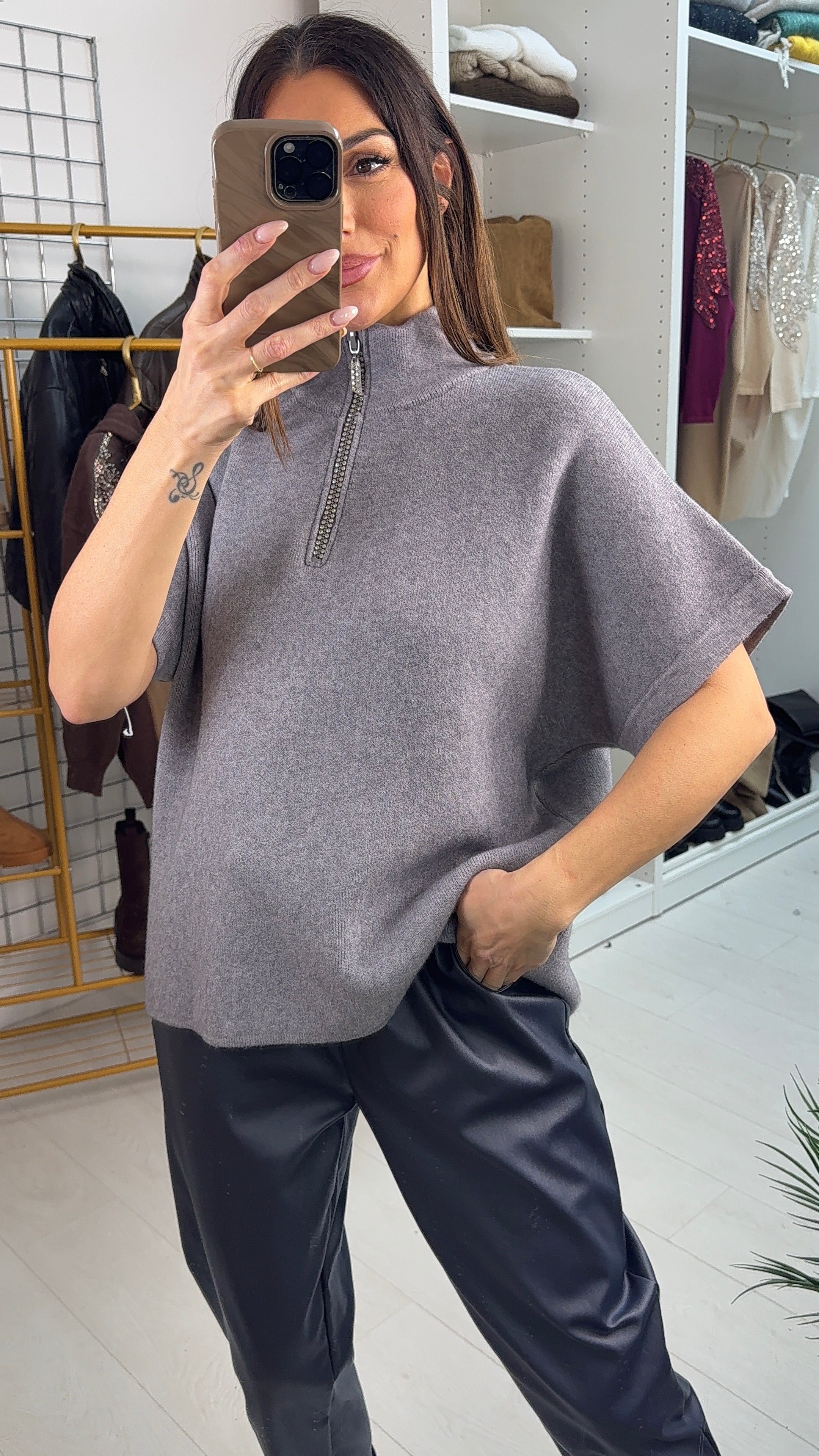 Shelia Plain Diamante Zip Front Jumper