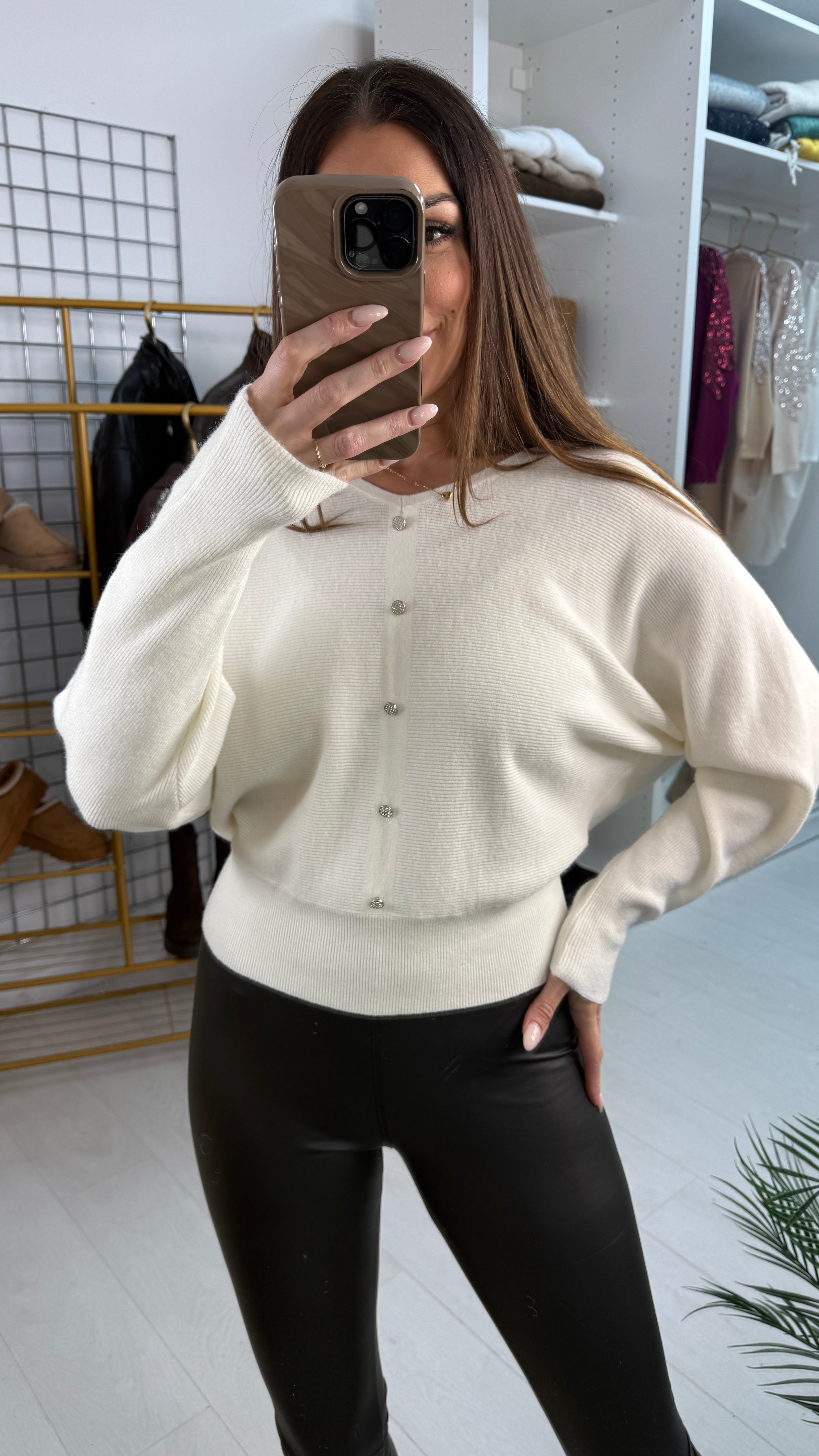 Filiz Ribbed Embellished Button Jumper