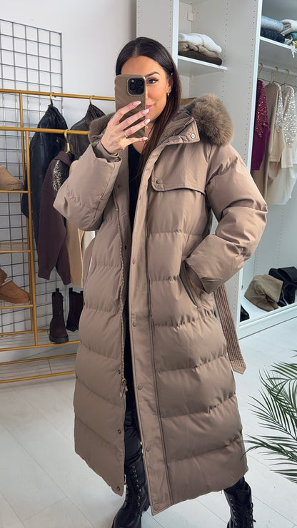 Maddox Mocha Padded Faux Fur Hooded Coat