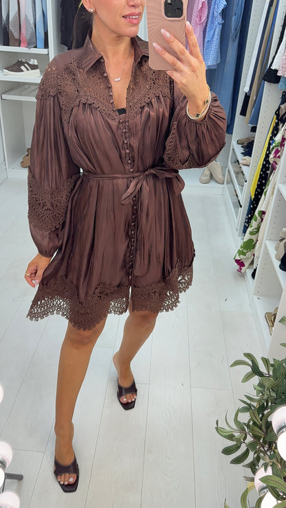 Jennifer Silk Look & Crochet Button Front Belted Dress