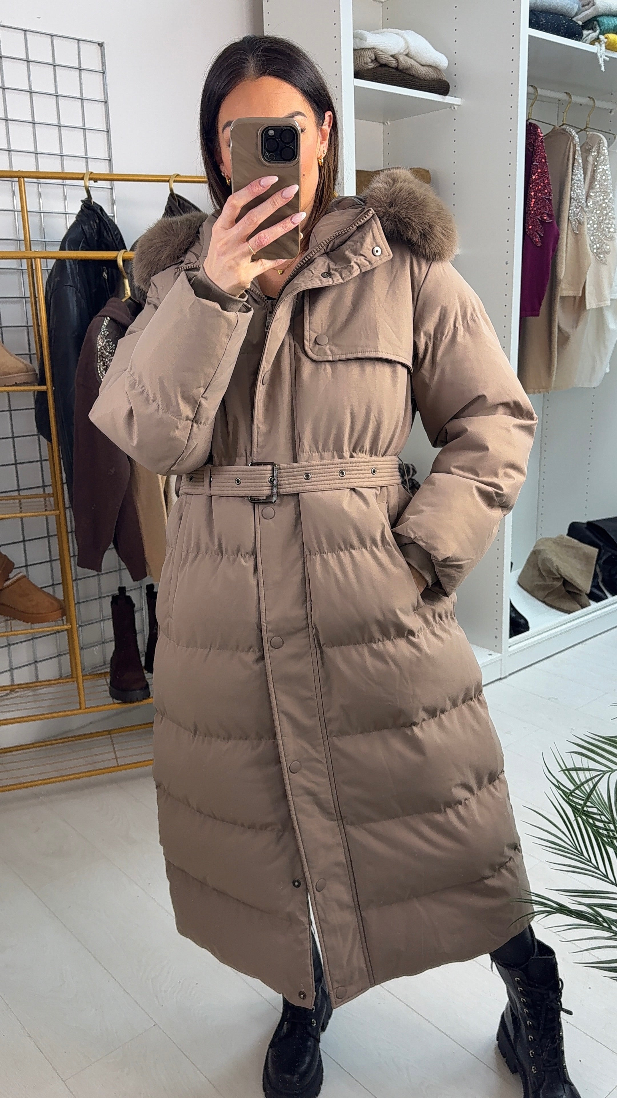 Maddox Mocha Padded Faux Fur Hooded Coat