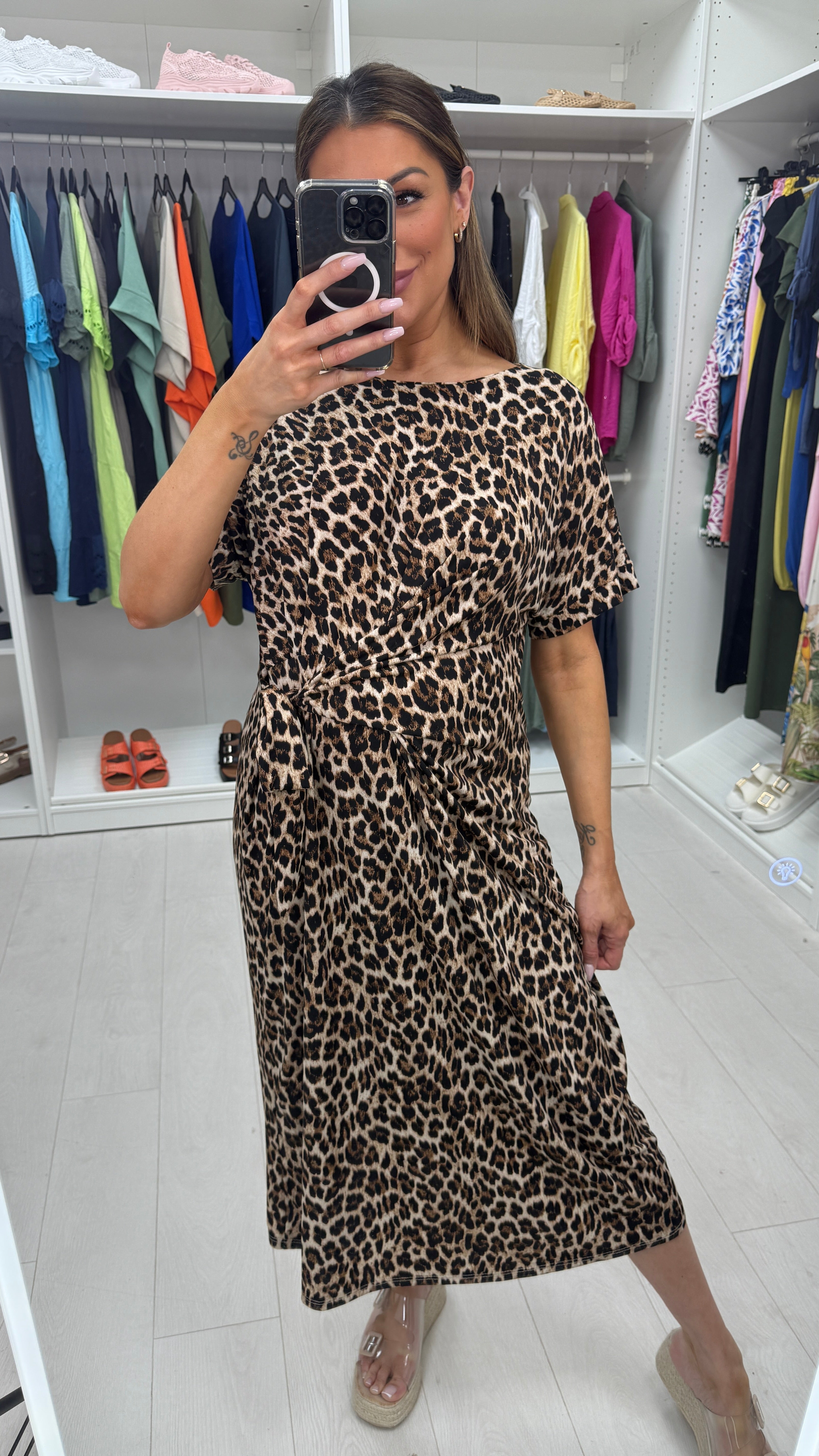 Sellie Leopard Print Tie Front Midi Dress